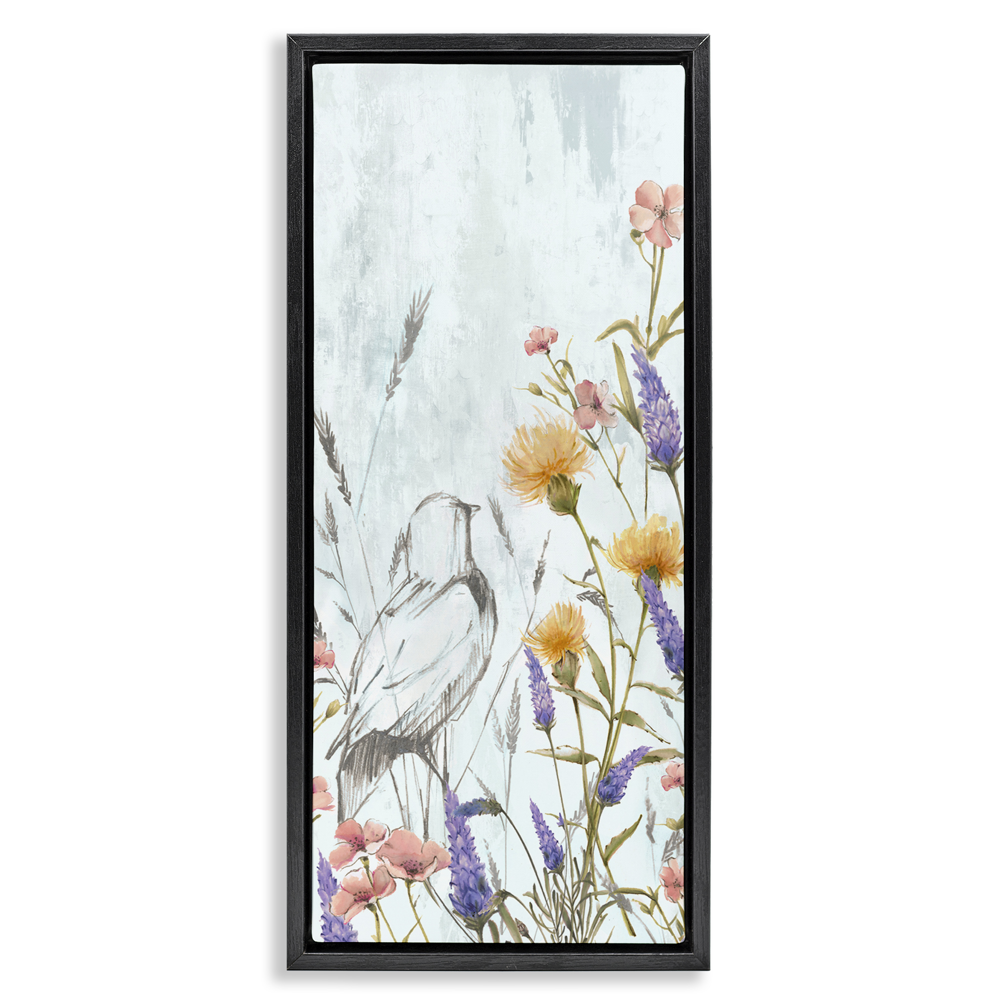 Stupell Industries Bird Outline with Wildflowers Plants & Flowers Painting Black Floater Framed Canvas Art Print Wall Art, 11 x 25