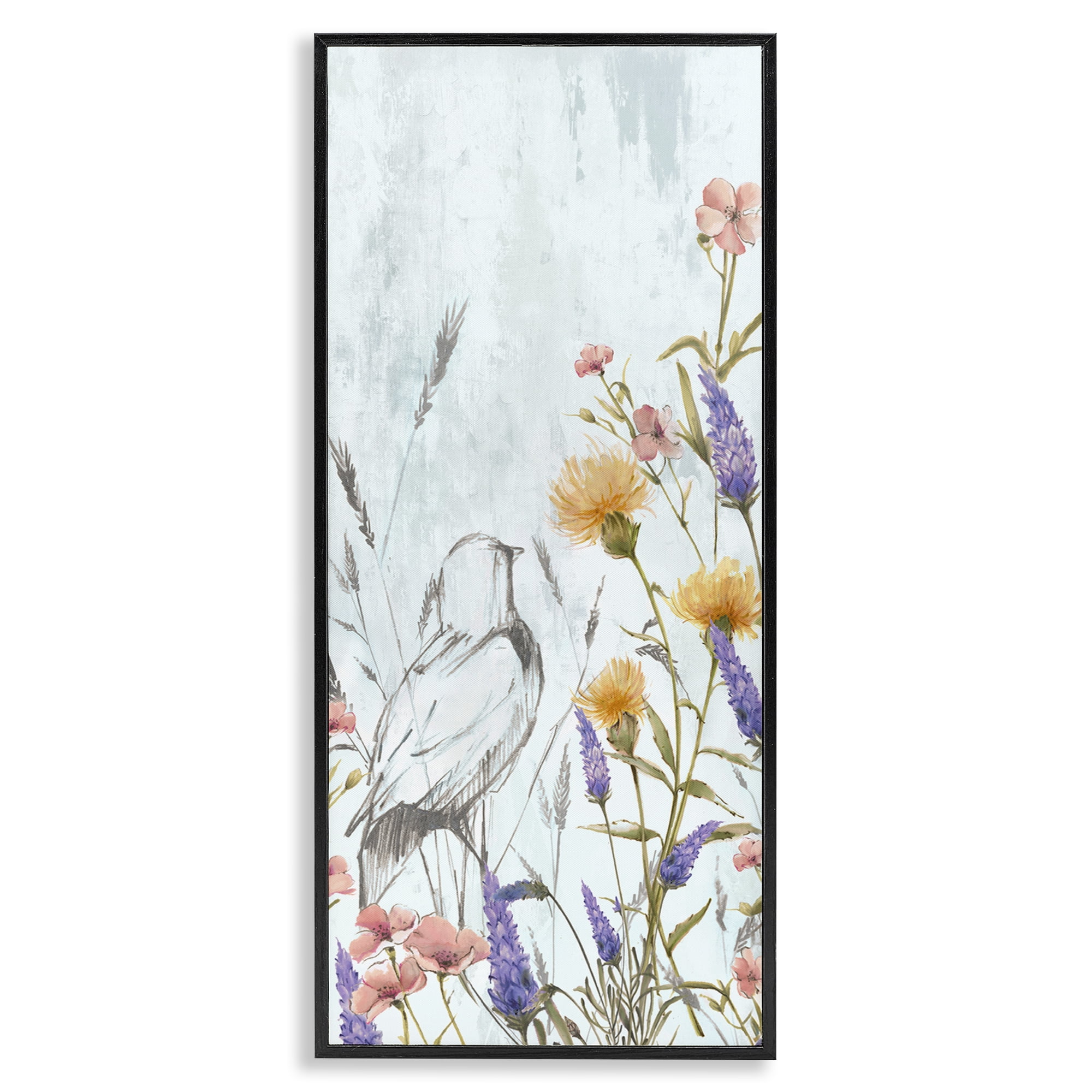 Stupell Industries Bird Outline with Wildflowers Plants & Flowers Painting Black Framed Art Print Wall Art, 10 x 24
