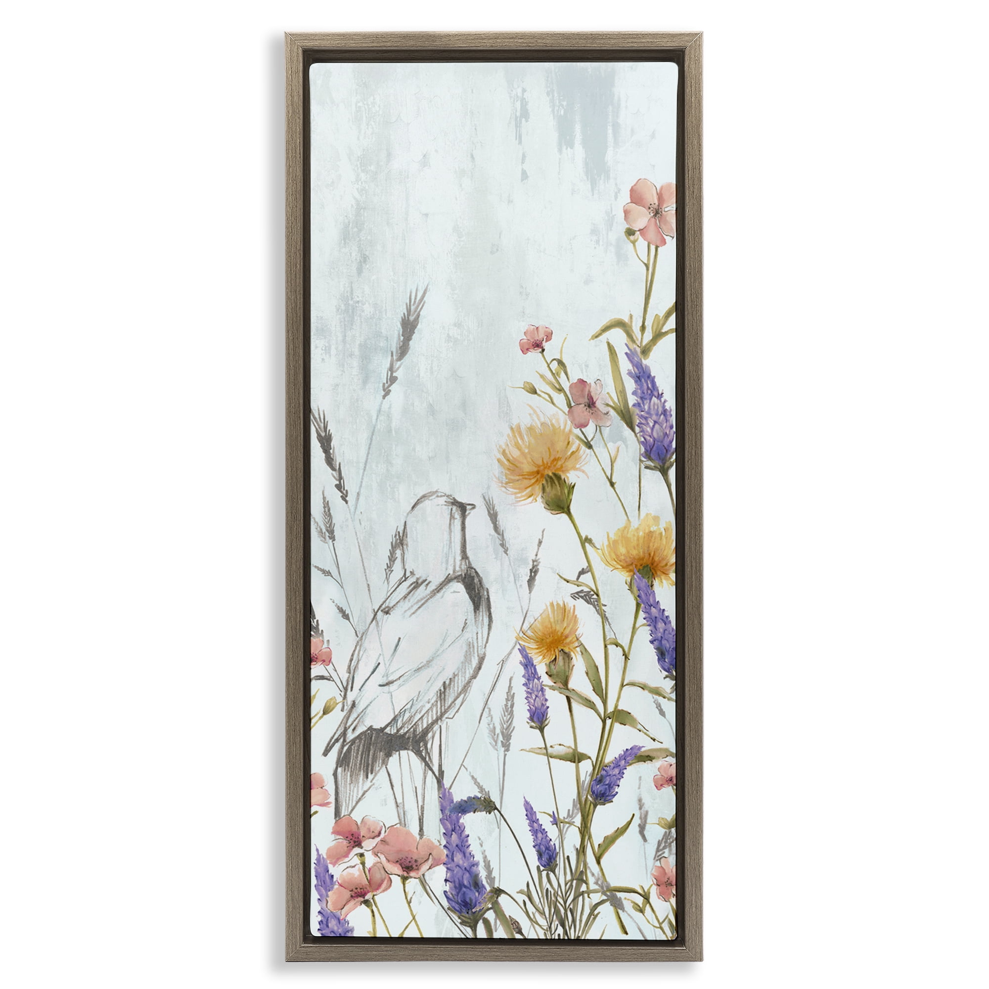 Stupell Industries Bird Outline with Wildflowers Plants & Flowers Painting Brown Floater Framed Canvas Art Print Wall Art, 14 x 31