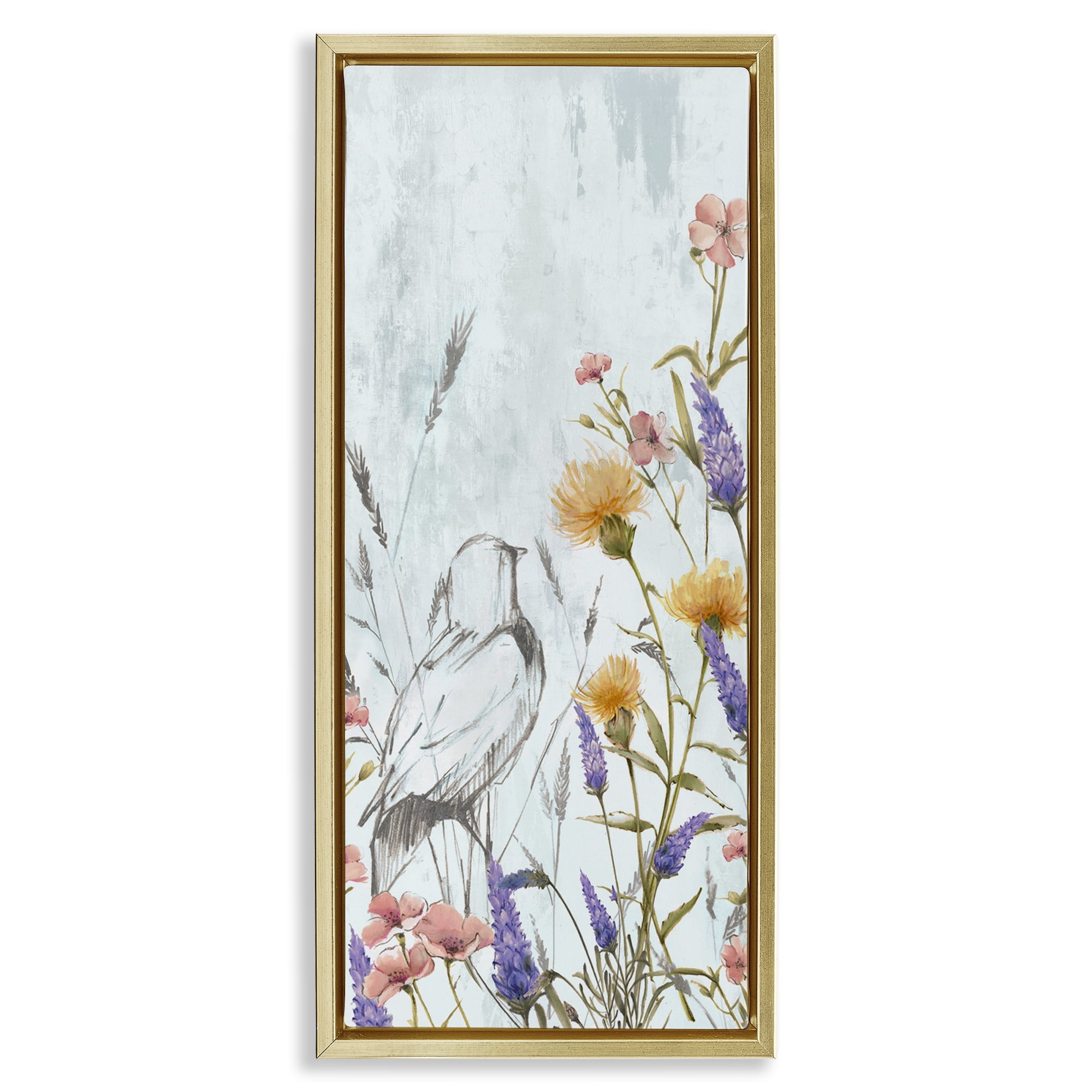 Stupell Industries Bird Outline with Wildflowers Plants & Flowers Painting Gold Floater Framed Canvas Art Print Wall Art, 11 x 25