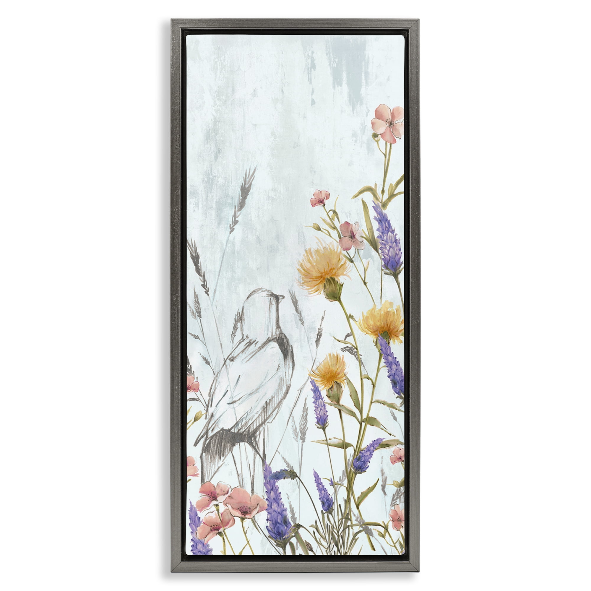 Stupell Industries Bird Outline with Wildflowers Plants & Flowers Painting Gray Floater Framed Canvas Art Print Wall Art, 11 x 25