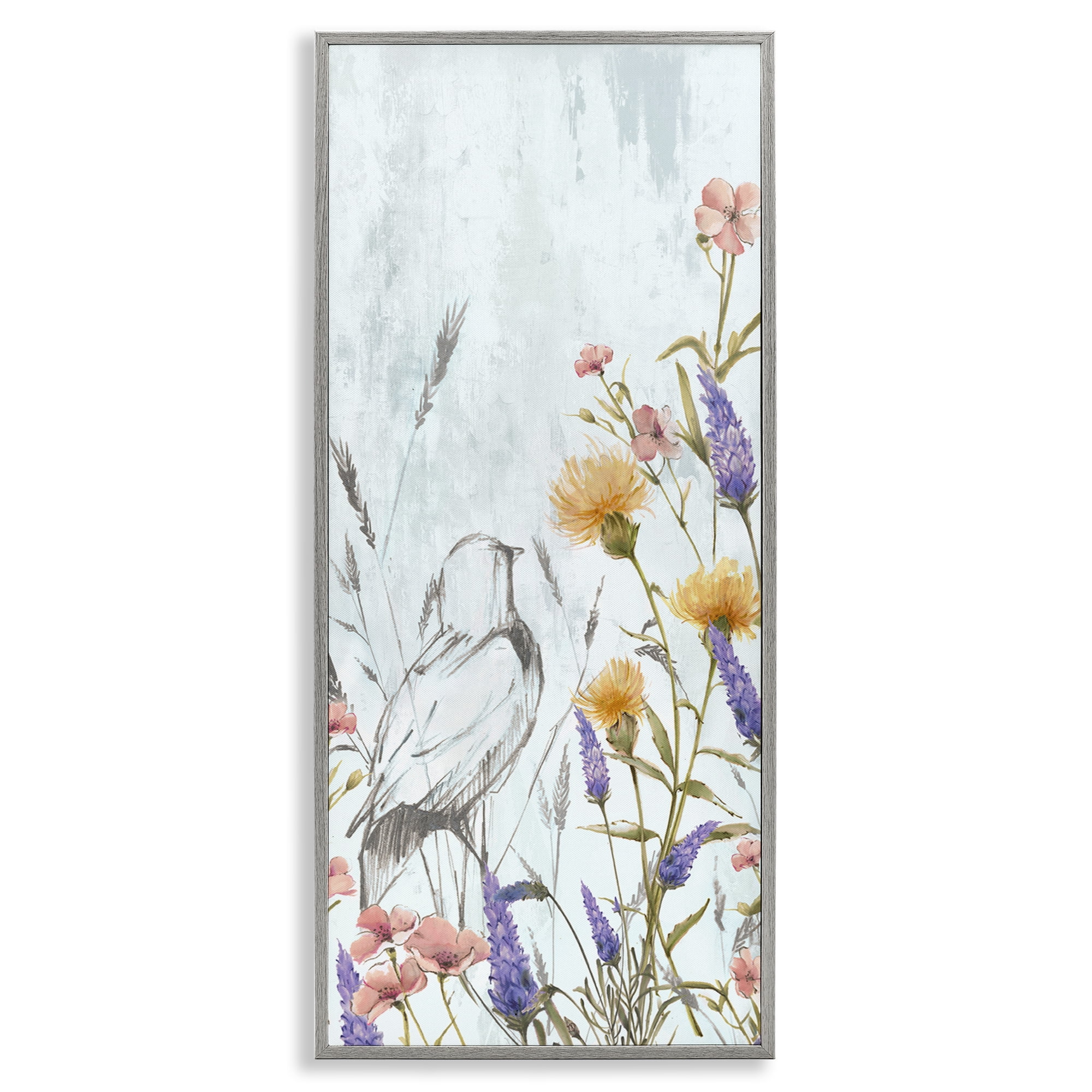 Stupell Industries Bird Outline with Wildflowers Plants & Flowers Painting Gray Framed Art Print Wall Art, 13 x 30