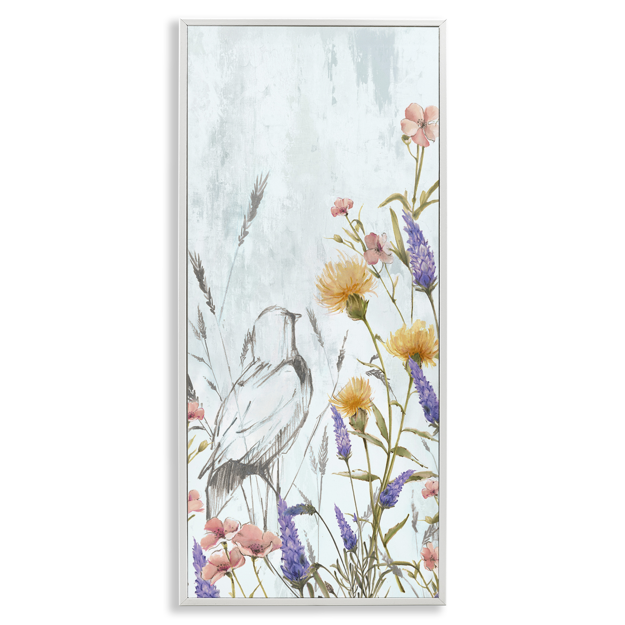 Stupell Industries Bird Outline with Wildflowers Plants & Flowers Painting White Framed Art Print Wall Art, 13 x 30