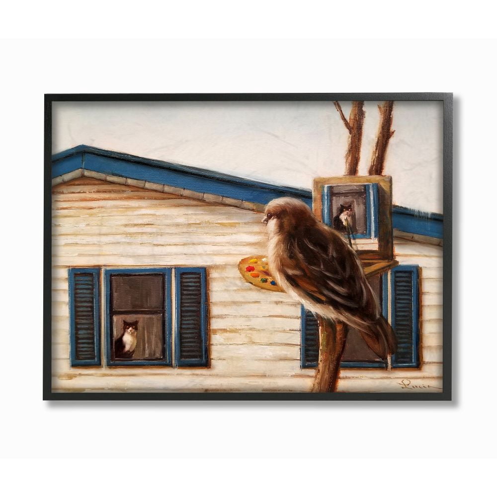Stupell Industries Bird Paints Indoor Cat Comical Animal Painting Framed Wall Art Design by Lucia Heffernan, 16" x 20", Black Framed