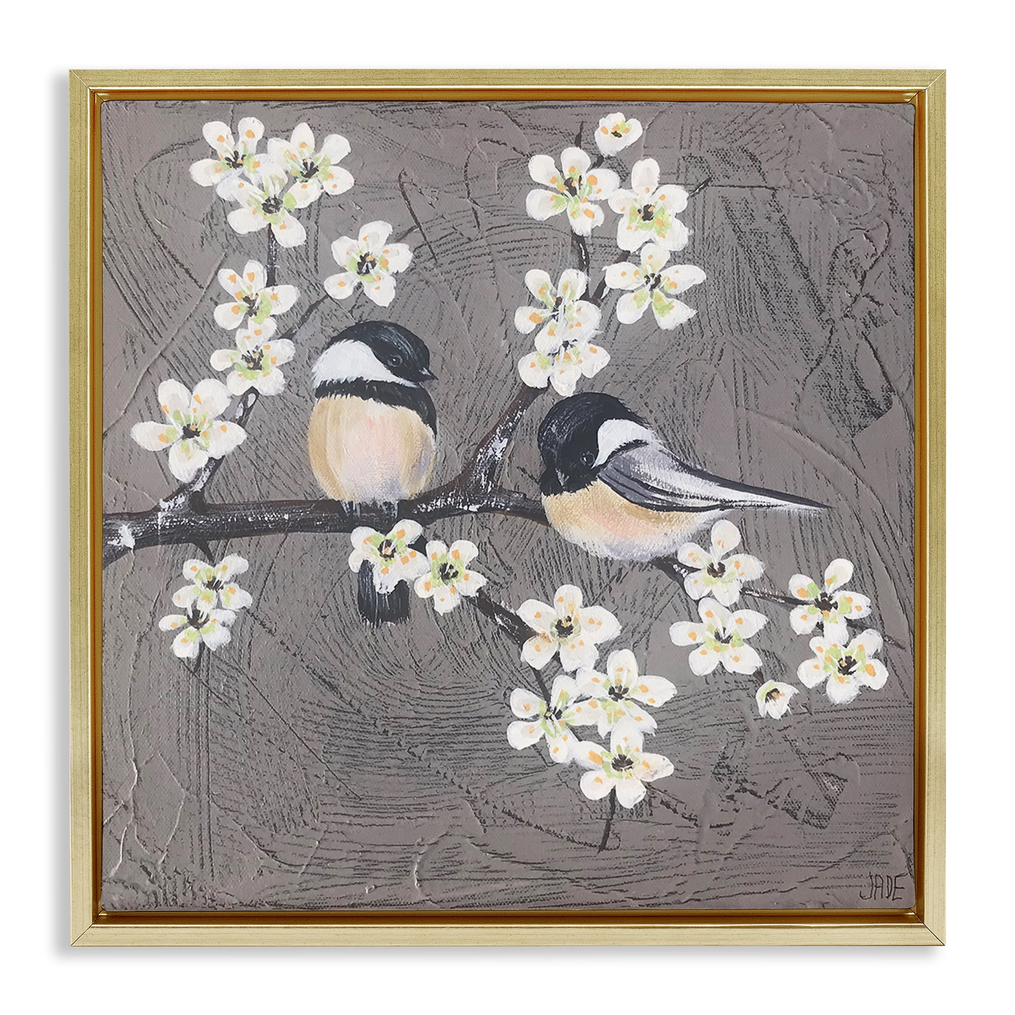 Stupell Industries Bird Pair on Branch Animals & Insects Painting Gold Floater Framed Canvas Art Print Wall Art, 18 x 18