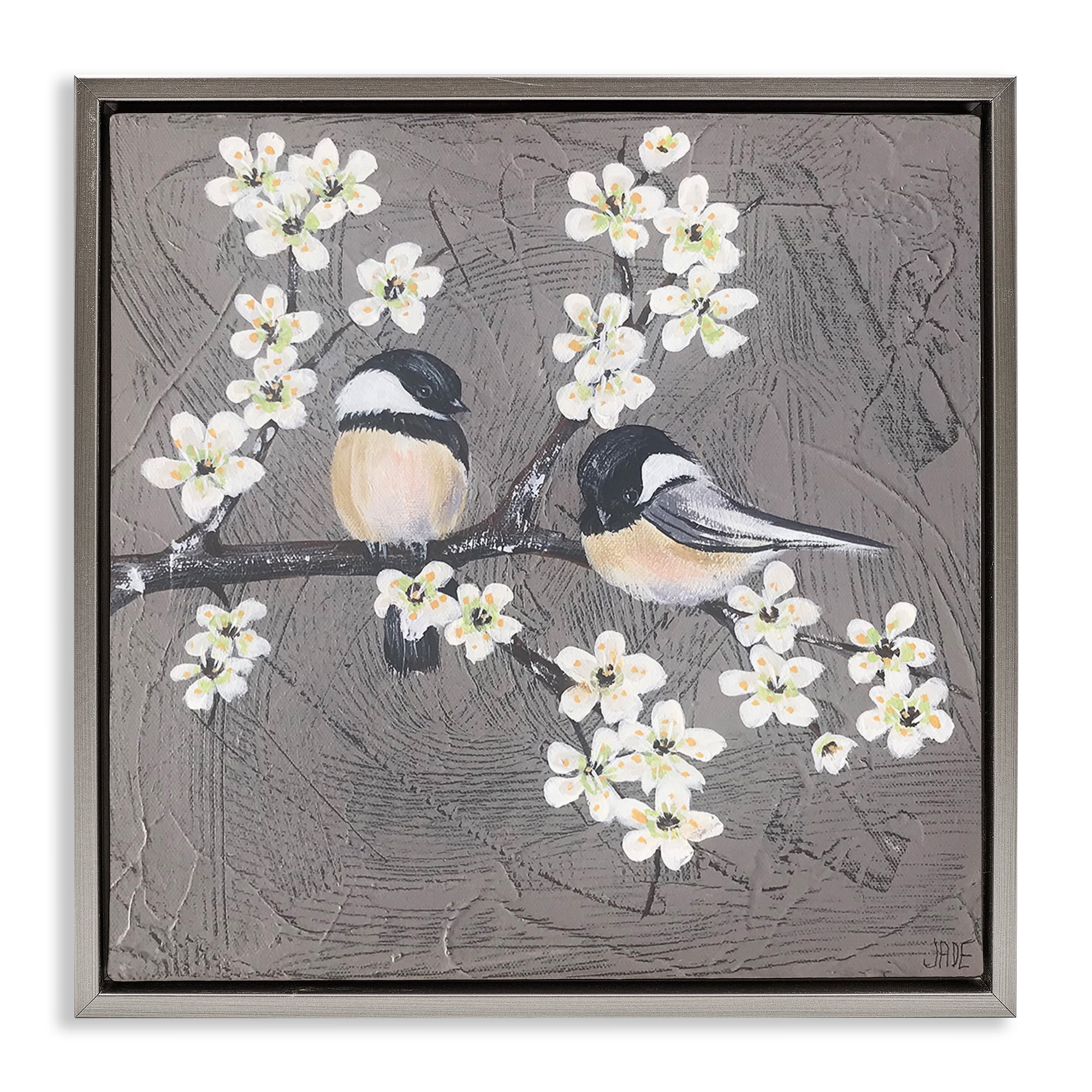 Stupell Industries Bird Pair on Branch Animals & Insects Painting Gray Floater Framed Canvas Art Print Wall Art, 25 x 25
