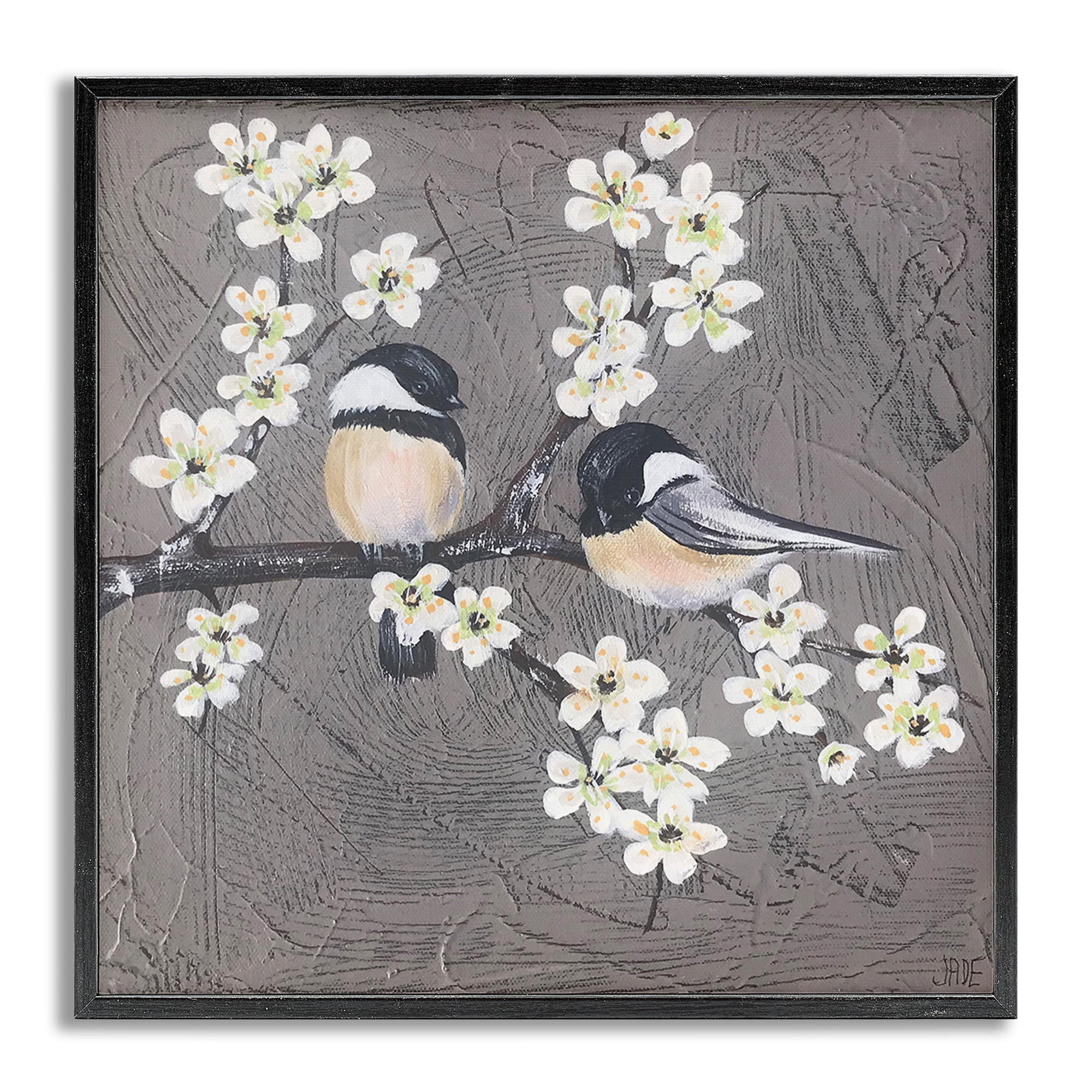 Stupell Industries Bird Pair on Branch Animals & Insects Painting Gray Framed Art Print Wall Art, 12 x 12