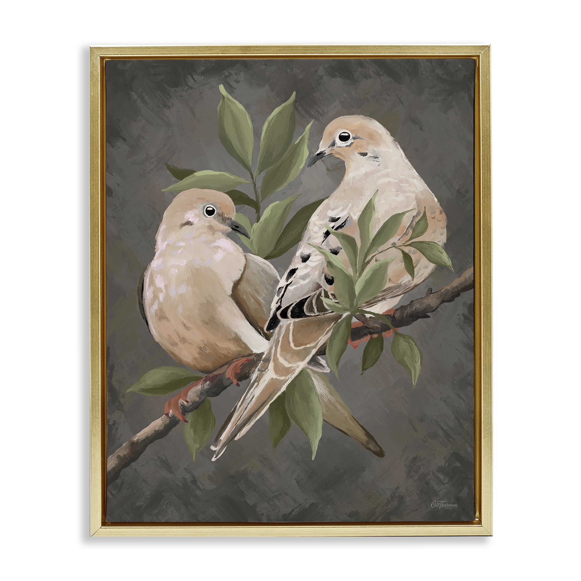 Stupell Industries Bird Pair on Grey Animals Painting Gold Floater Framed Canvas Art Print Wall Art, 25 x 31