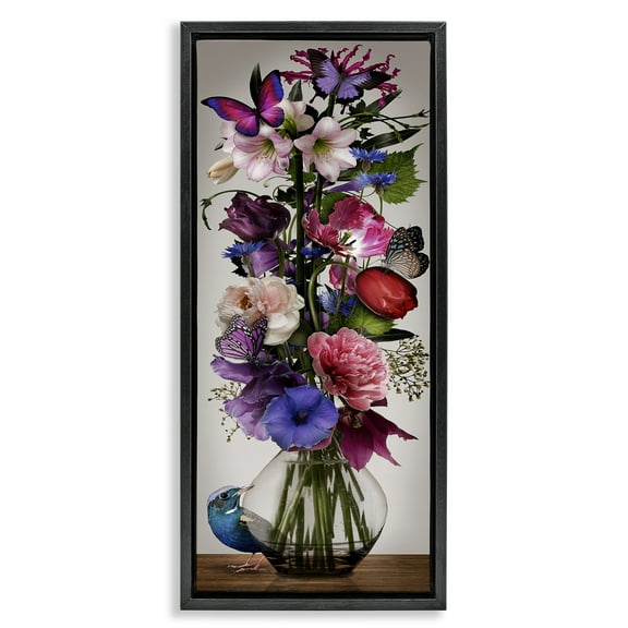 Stupell Industries Bird Peeking at Bouquet Plants & Flowers Painting Black Floater Framed Canvas Art Print Wall Art, 11 x 25