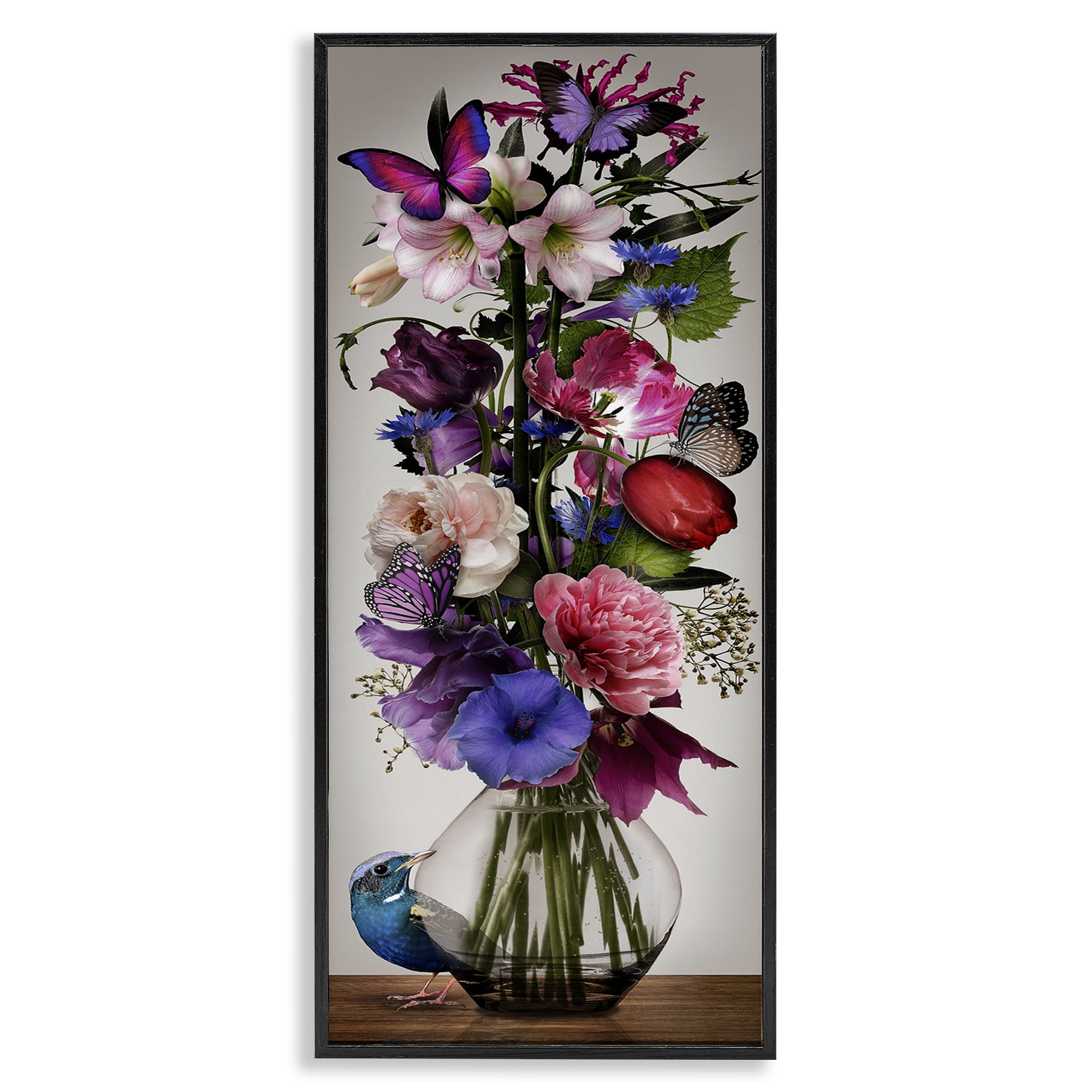 Stupell Industries Bird Peeking at Bouquet Plants & Flowers Painting Black Framed Art Print Wall Art, 10 x 24