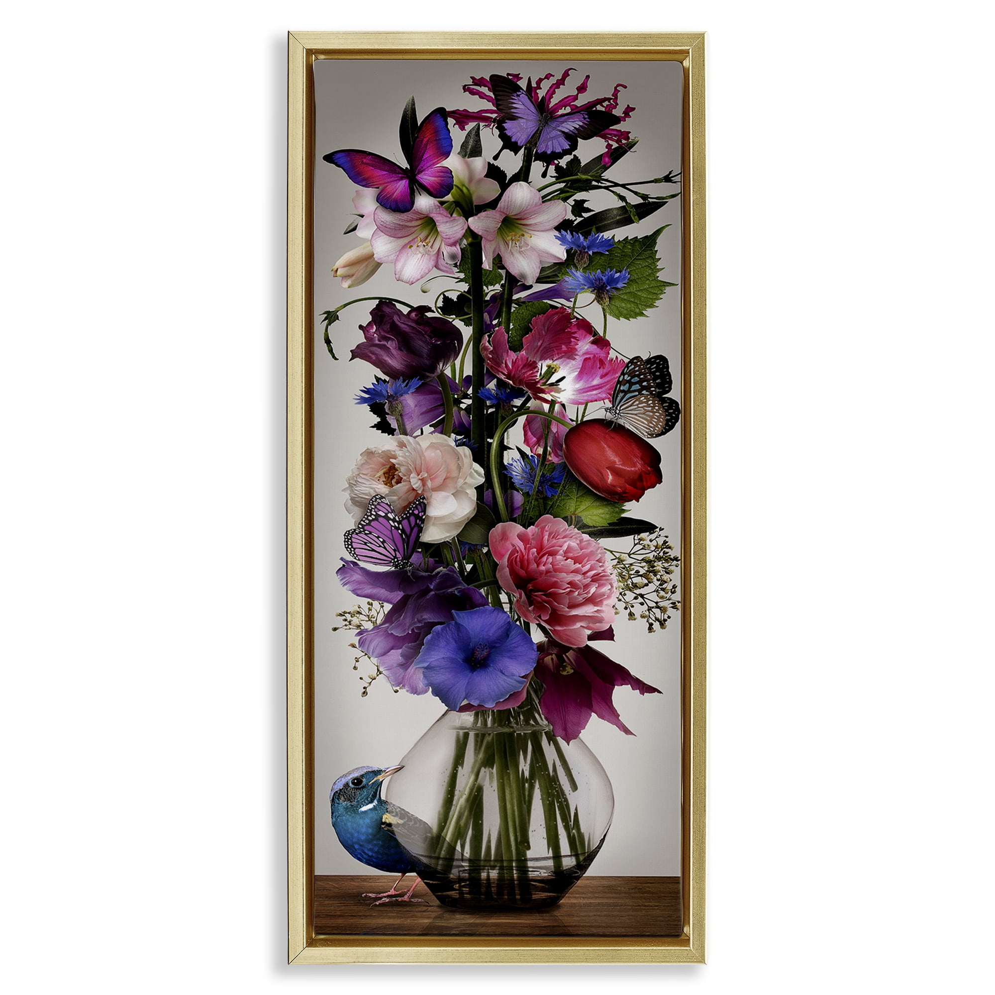 Stupell Industries Bird Peeking at Bouquet Plants & Flowers Painting Gold Floater Framed Canvas Art Print Wall Art, 14 x 31