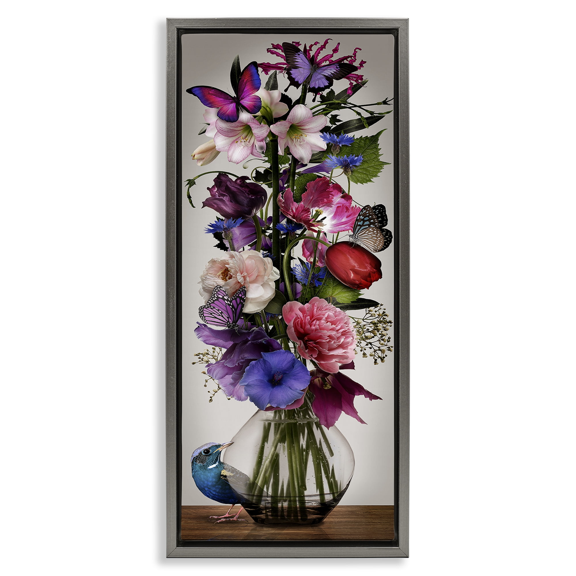 Stupell Industries Bird Peeking at Bouquet Plants & Flowers Painting Gray Floater Framed Canvas Art Print Wall Art, 14 x 31