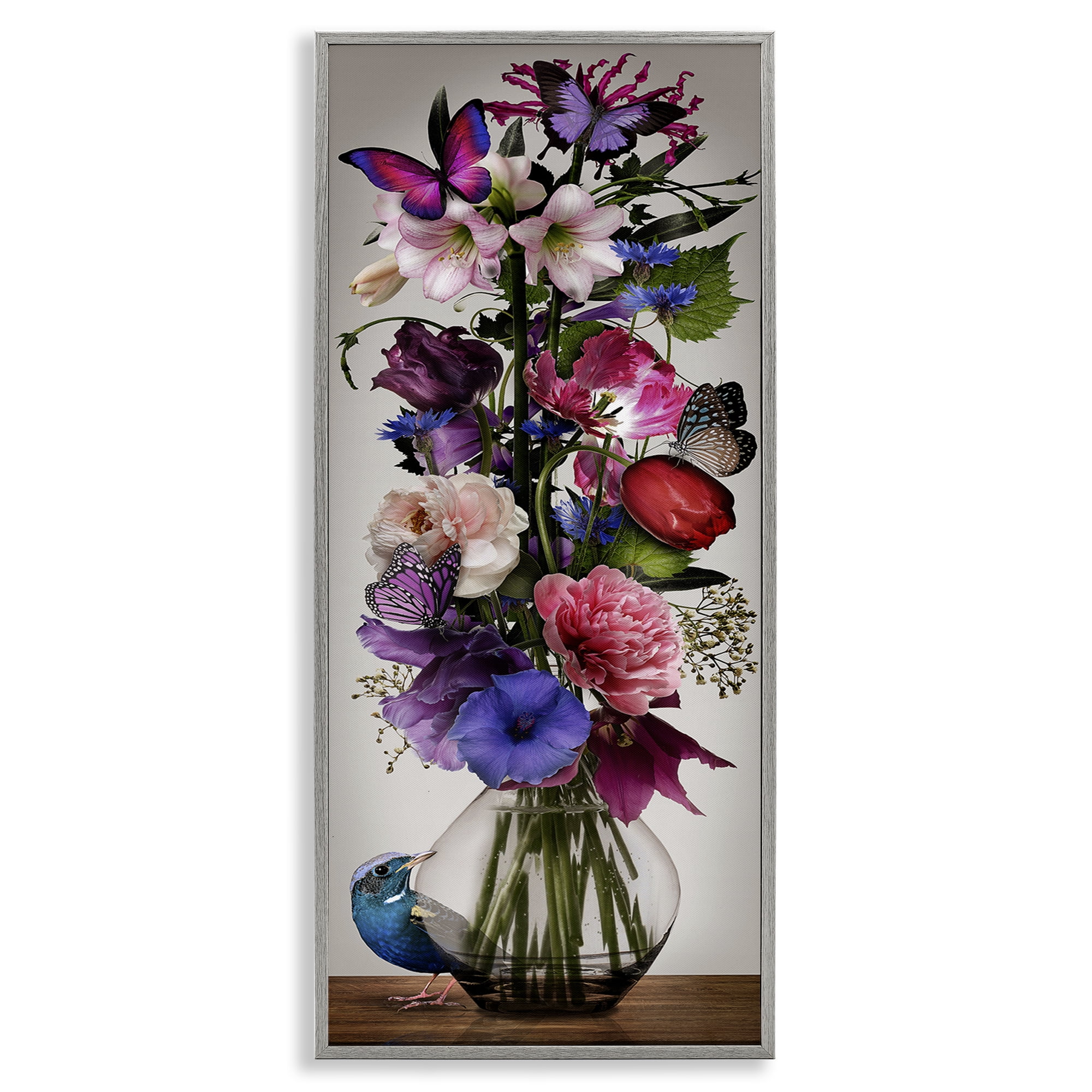 Stupell Industries Bird Peeking at Bouquet Plants & Flowers Painting Gray Framed Art Print Wall Art, 10 x 24