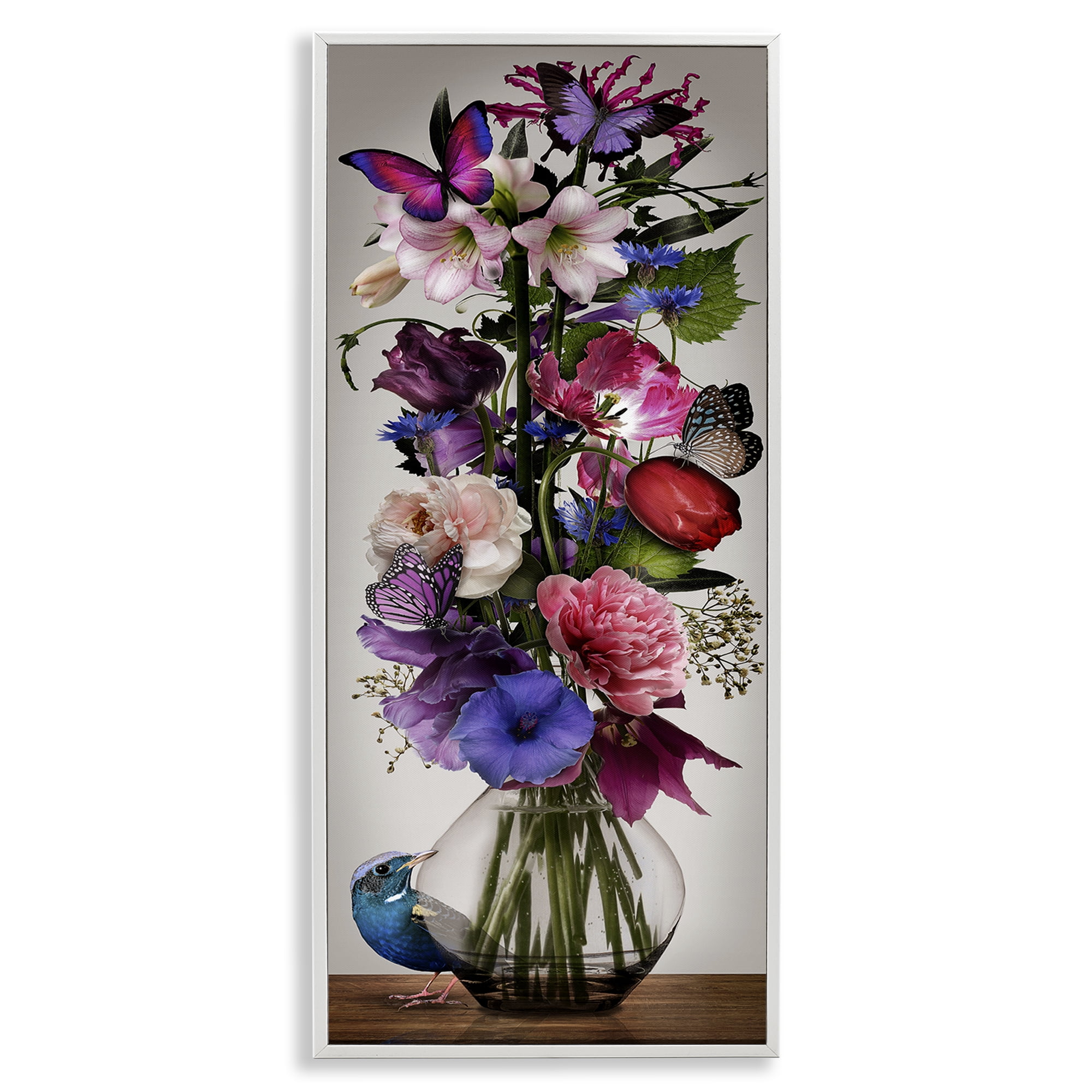 Stupell Industries Bird Peeking at Bouquet Plants & Flowers Painting White Framed Art Print Wall Art, 10 x 24
