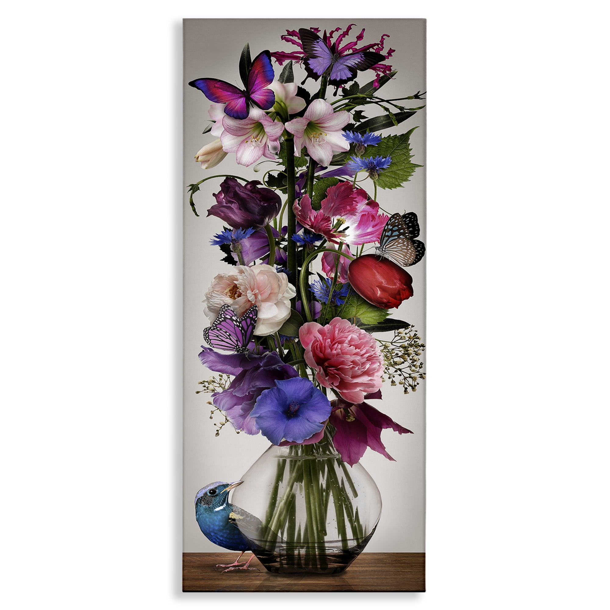 Stupell Industries Bird Peeking at Bouquet Plants & Flowers Painting Wrapped Canvas Art Print Wall Art, 10 x 24