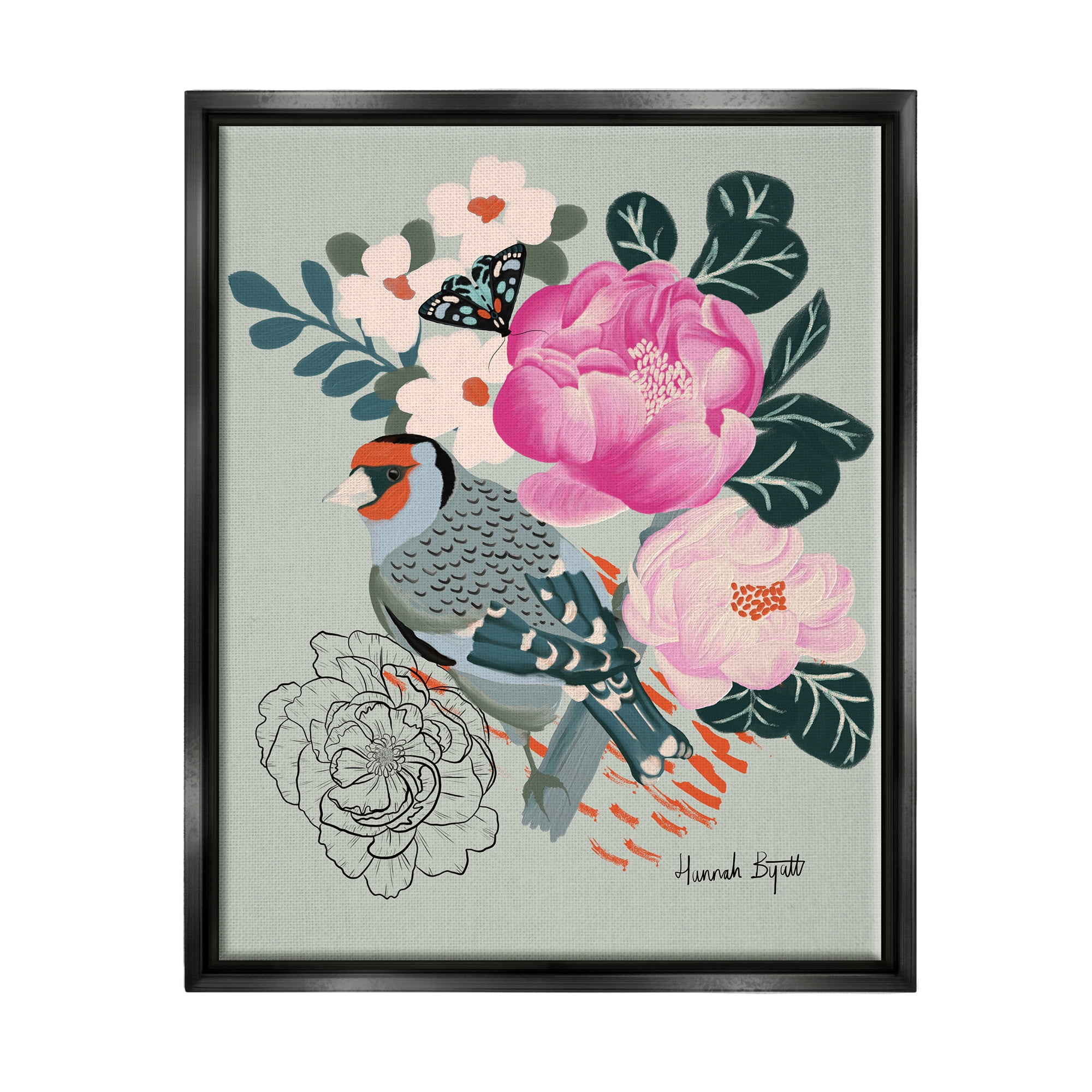 Stupell Industries Bird & Peonies on Green Animals & Insects Painting Black Floater Framed Art Print Wall Art, 17 x 21