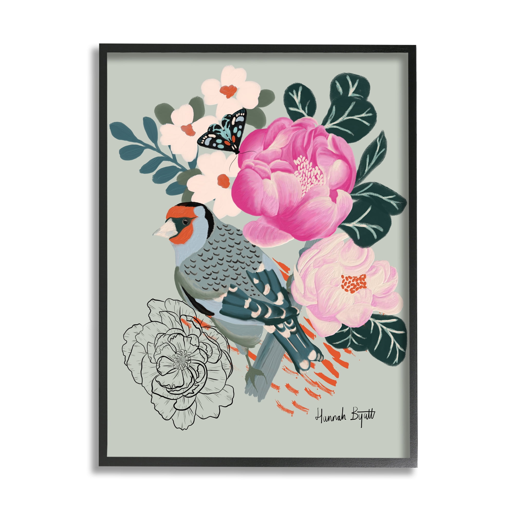 Stupell Industries Bird & Peonies on Green Animals & Insects Painting Black Framed Art Print Wall Art, 16 x 20