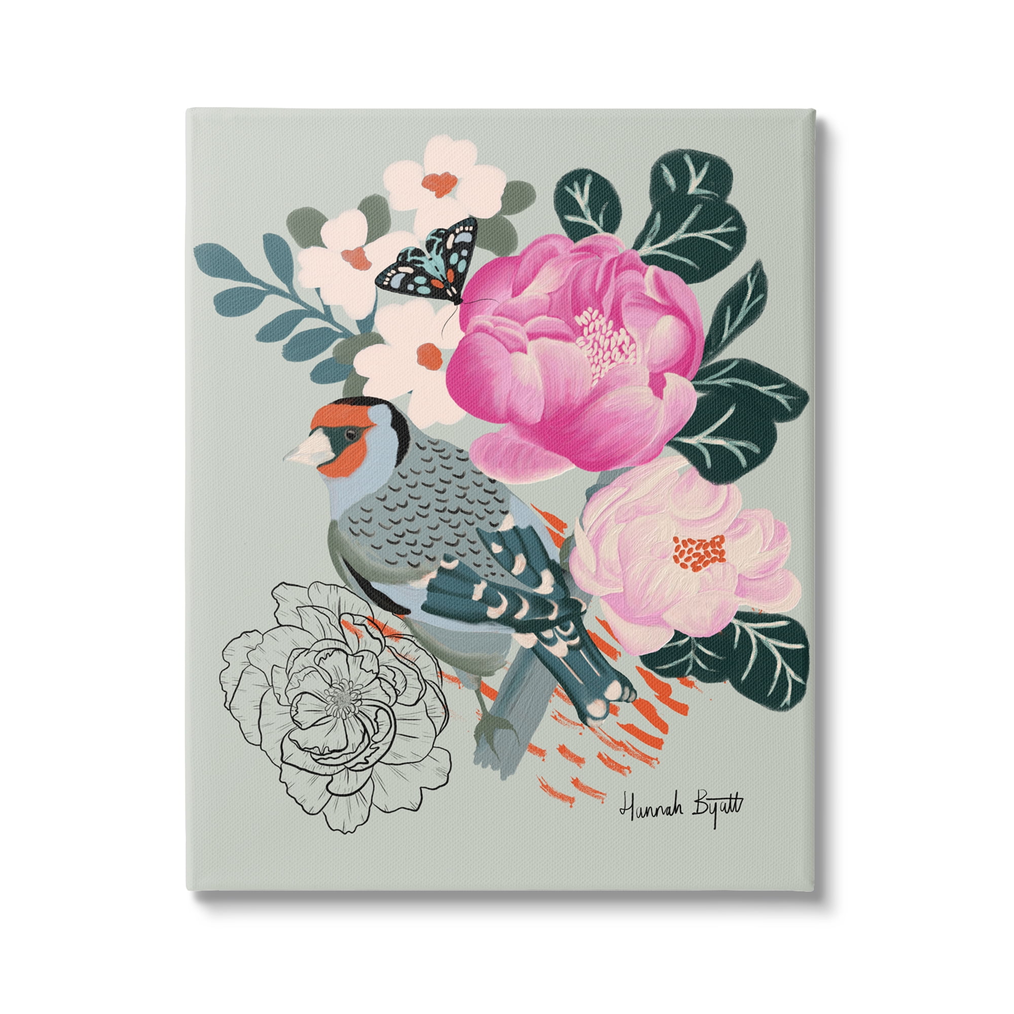 Stupell Industries Bird & Peonies on Green Animals & Insects Painting Gallery Wrapped Canvas Print Wall Art, 16 x 20