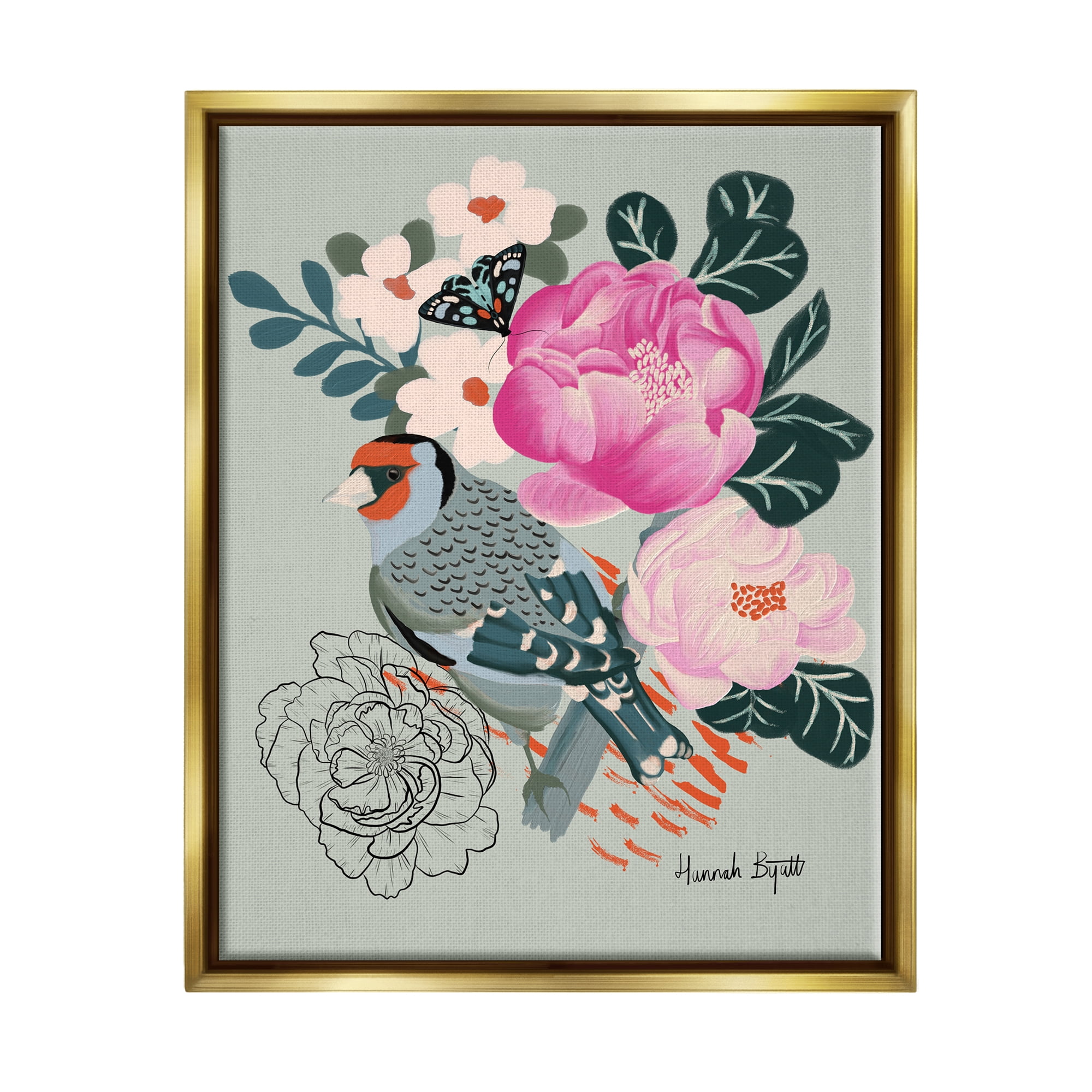 Stupell Industries Bird & Peonies on Green Animals & Insects Painting Gold Floater Framed Art Print Wall Art, 17 x 21