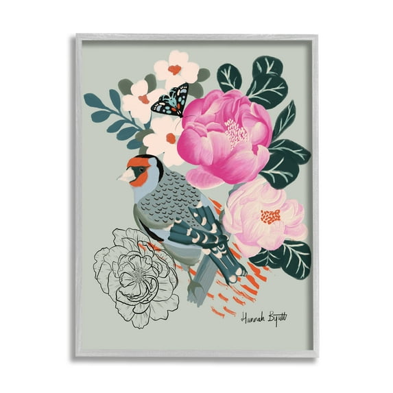Stupell Industries Bird & Peonies on Green Animals & Insects Painting Gray Framed Art Print Wall Art, 16 x 20