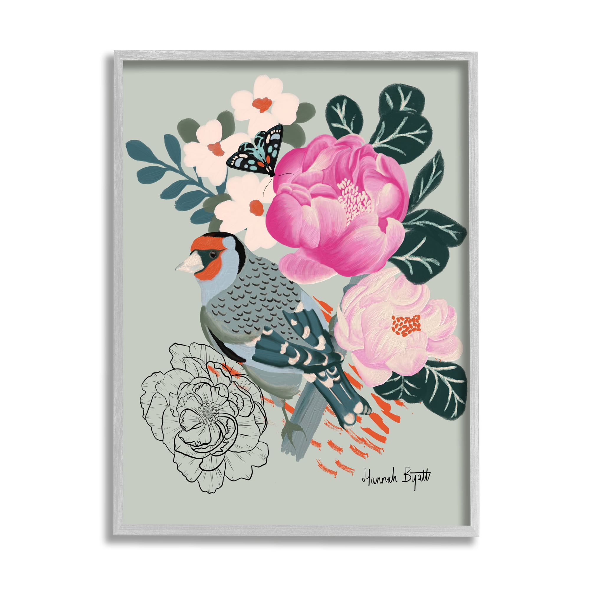 Stupell Industries Bird & Peonies on Green Animals & Insects Painting Gray Framed Art Print Wall Art, 24 x 30