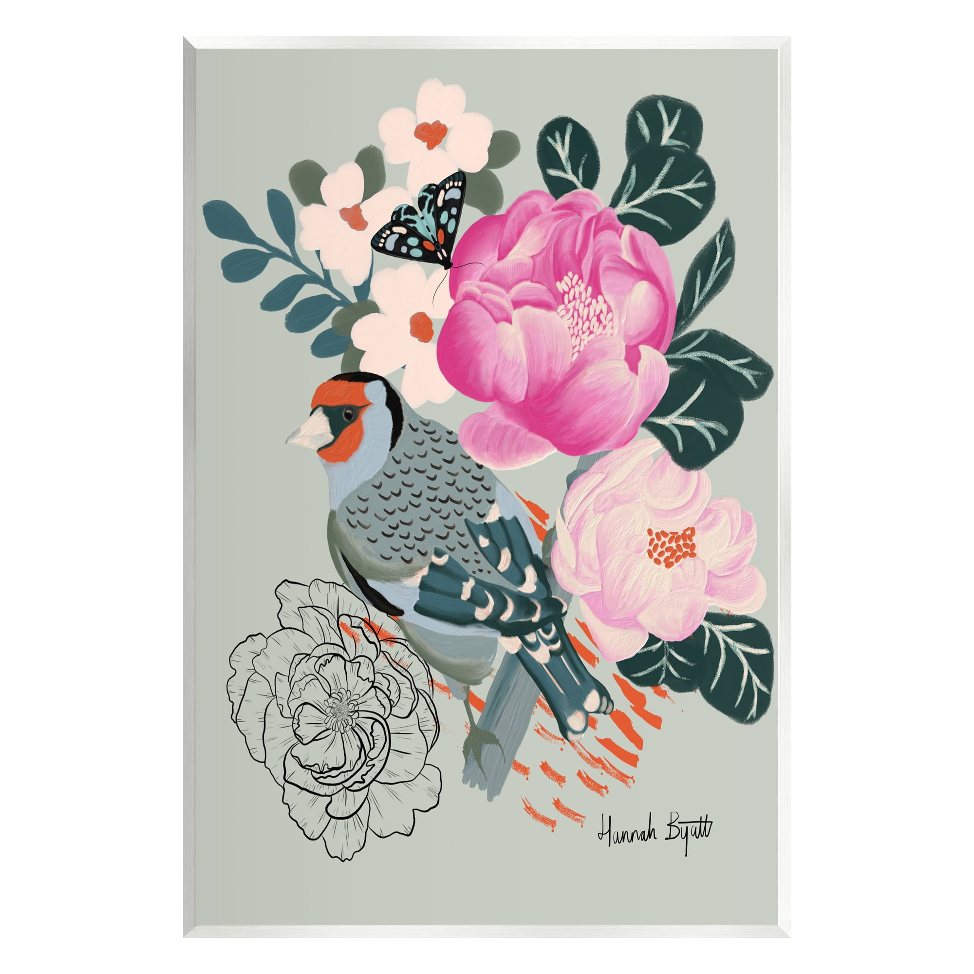 Stupell Industries Bird & Peonies on Green Animals & Insects Painting Unframed Art Print Wall Art, 13 x 19