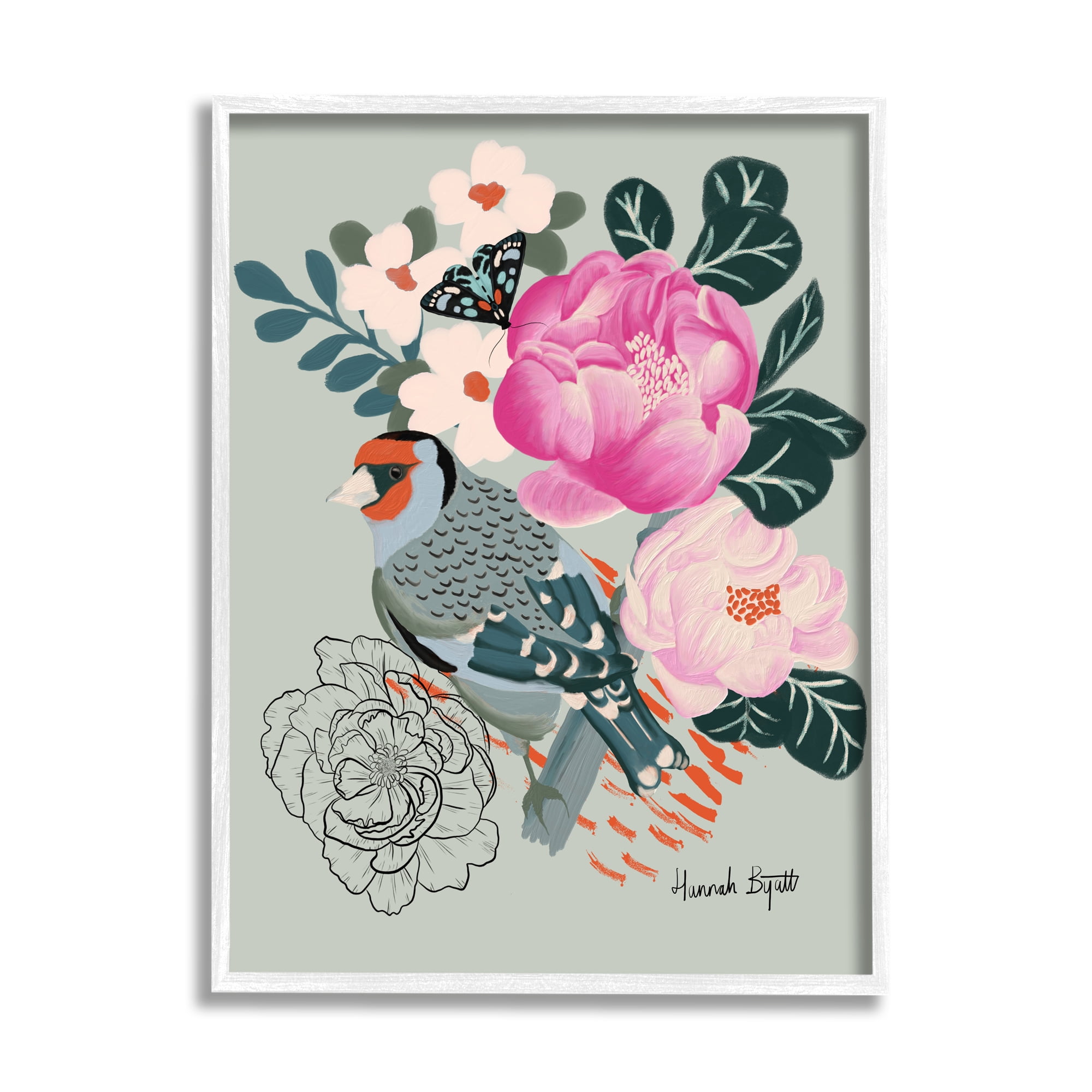 Stupell Industries Bird & Peonies on Green Animals & Insects Painting White Framed Art Print Wall Art, 16 x 20