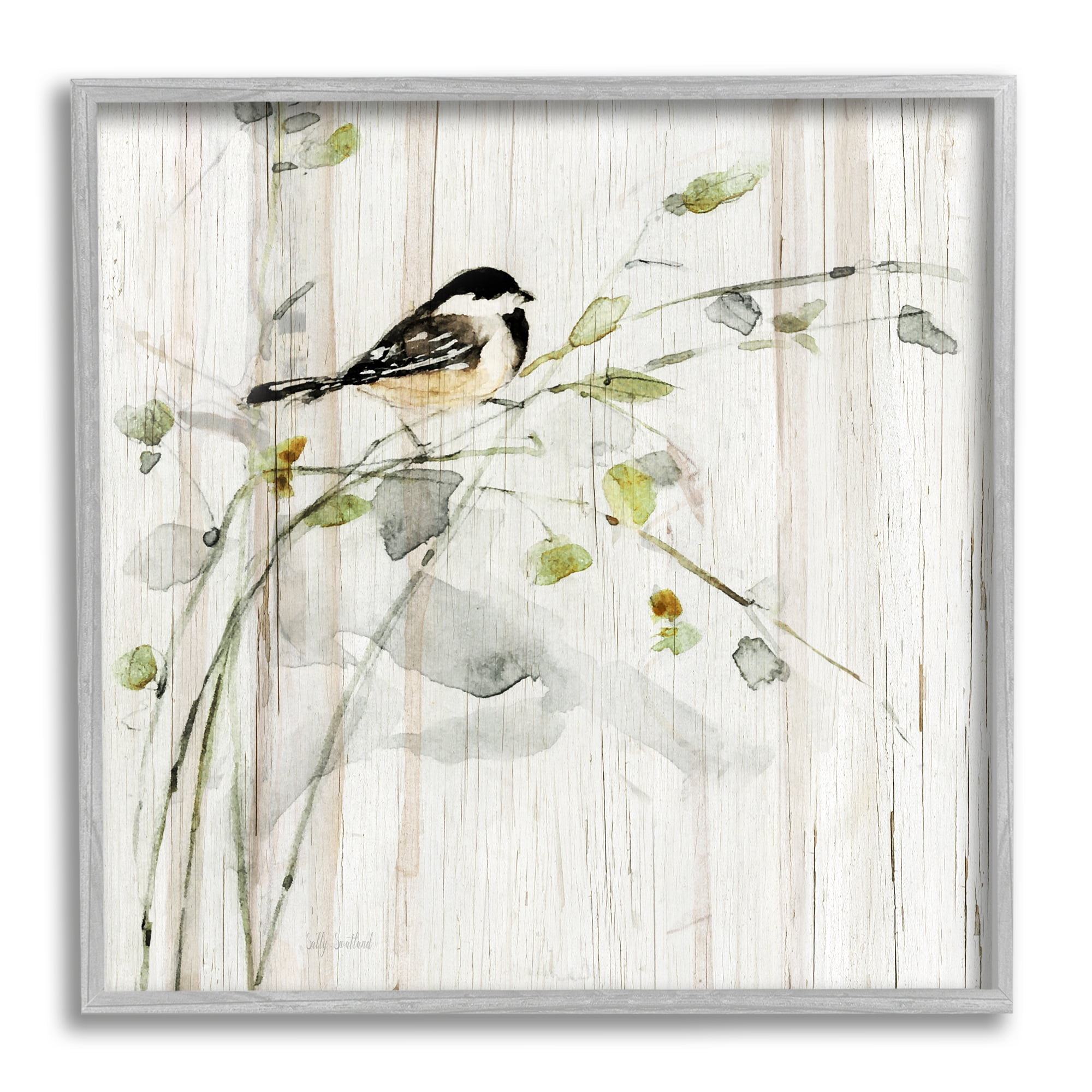 Stupell Industries Bird Perched Birch Pattern Animals & Insects Painting Gray Framed Art Print Wall Art