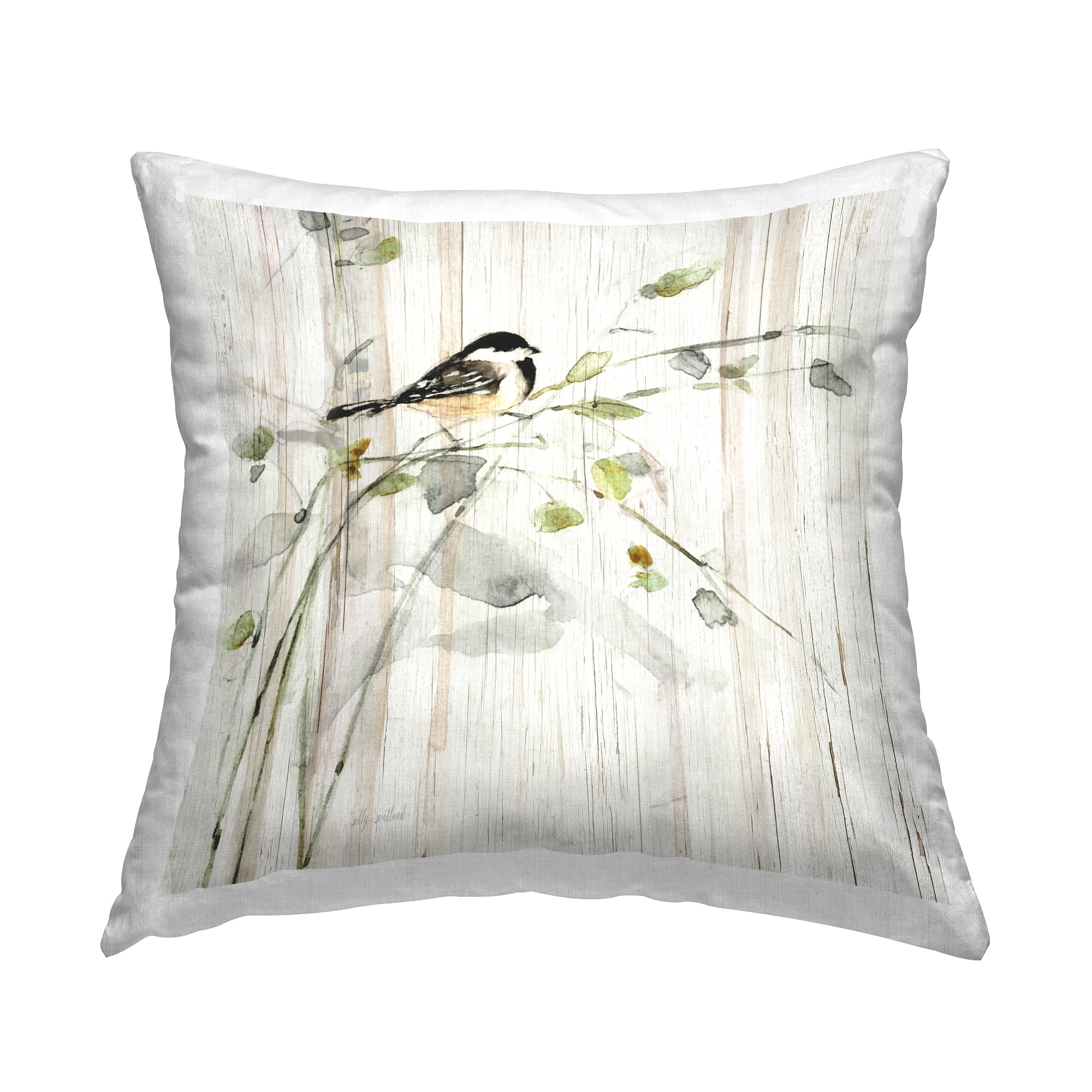 Stupell Industries Bird Perched Country Herb Blooms Square Decorative Printed Throw Pillow, 18 x 18,