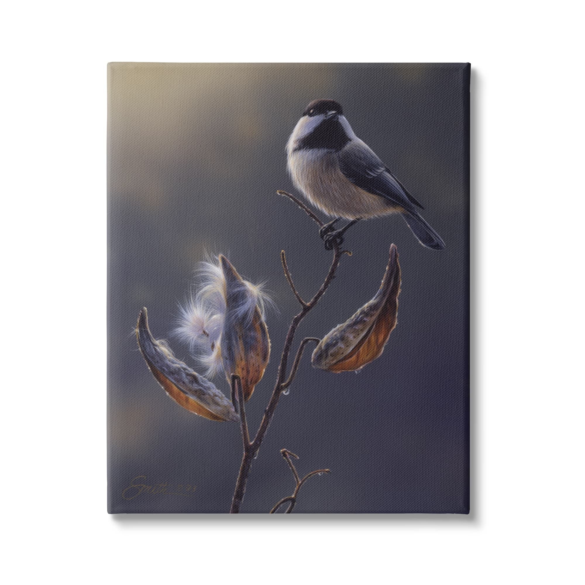 Stupell Industries Bird Perched Floral Seed Pods Animals & Insects Painting Gallery Wrapped Canvas Print Wall Art