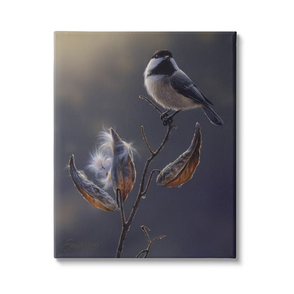 Stupell Industries Bird Perched Floral Seed Pods Animals & Insects Painting Gallery Wrapped Canvas Print Wall Art