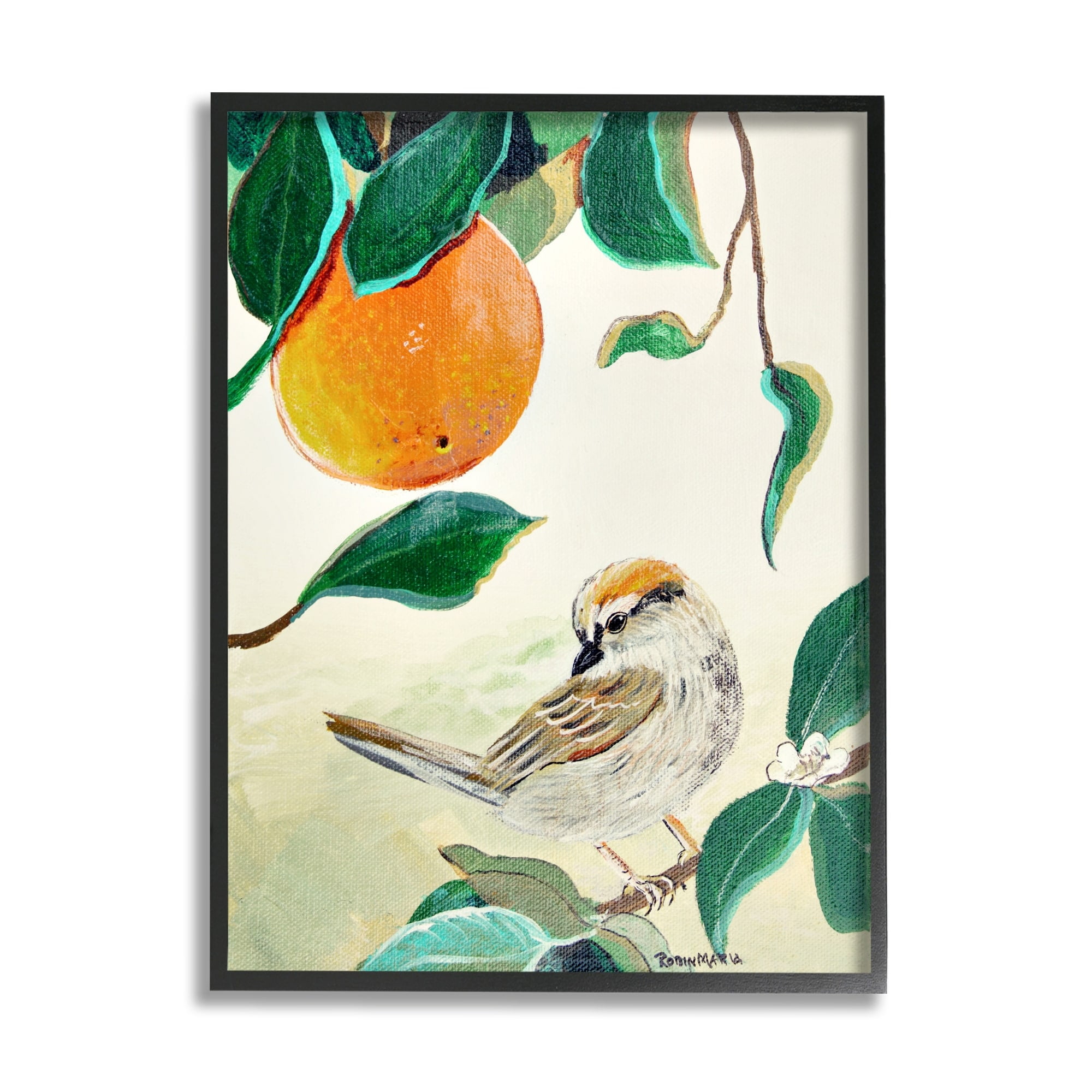 Stupell Industries Bird Perched Orange Fruit Tree Branch Leaves Painting Black Framed Art Print Wall Art, Design by Robin Maria