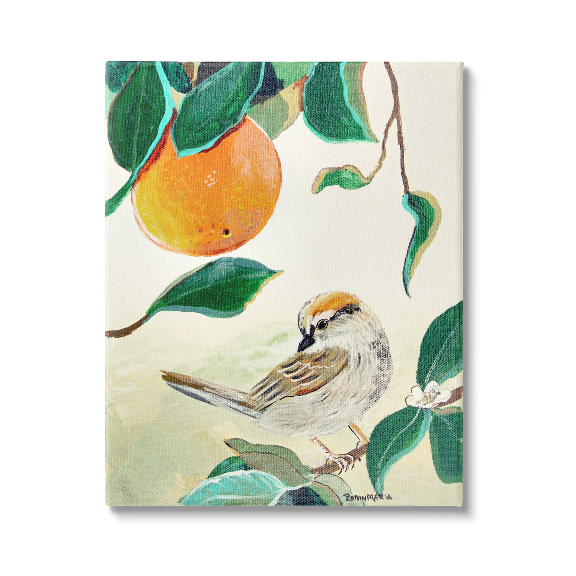 Stupell Industries Bird Perched Orange Fruit Tree Branch Leaves Painting Gallery Wrapped Canvas Print Wall Art, Design by Robin Maria