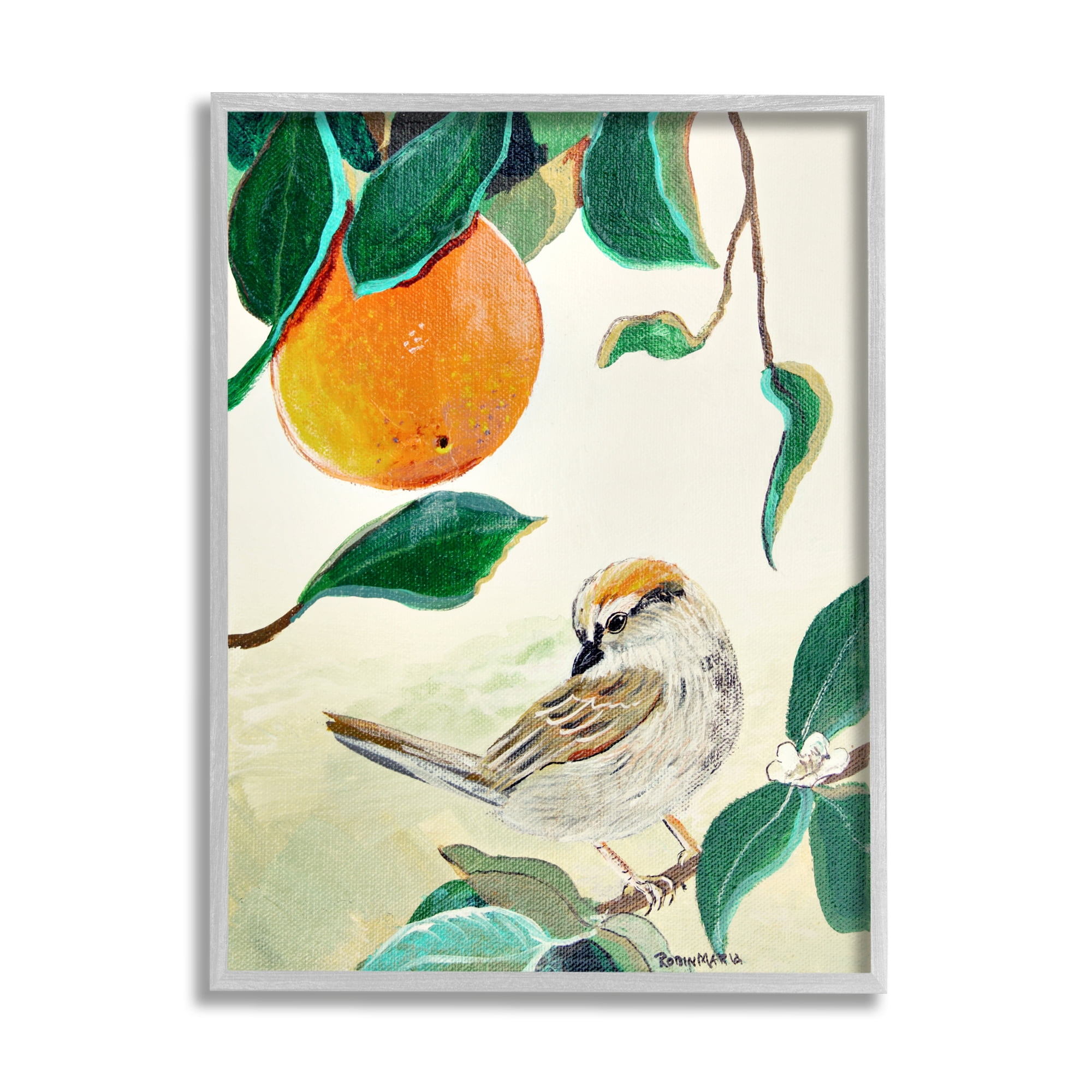 Stupell Industries Bird Perched Orange Fruit Tree Branch Leaves Painting Gray Framed Art Print Wall Art, Design by Robin Maria