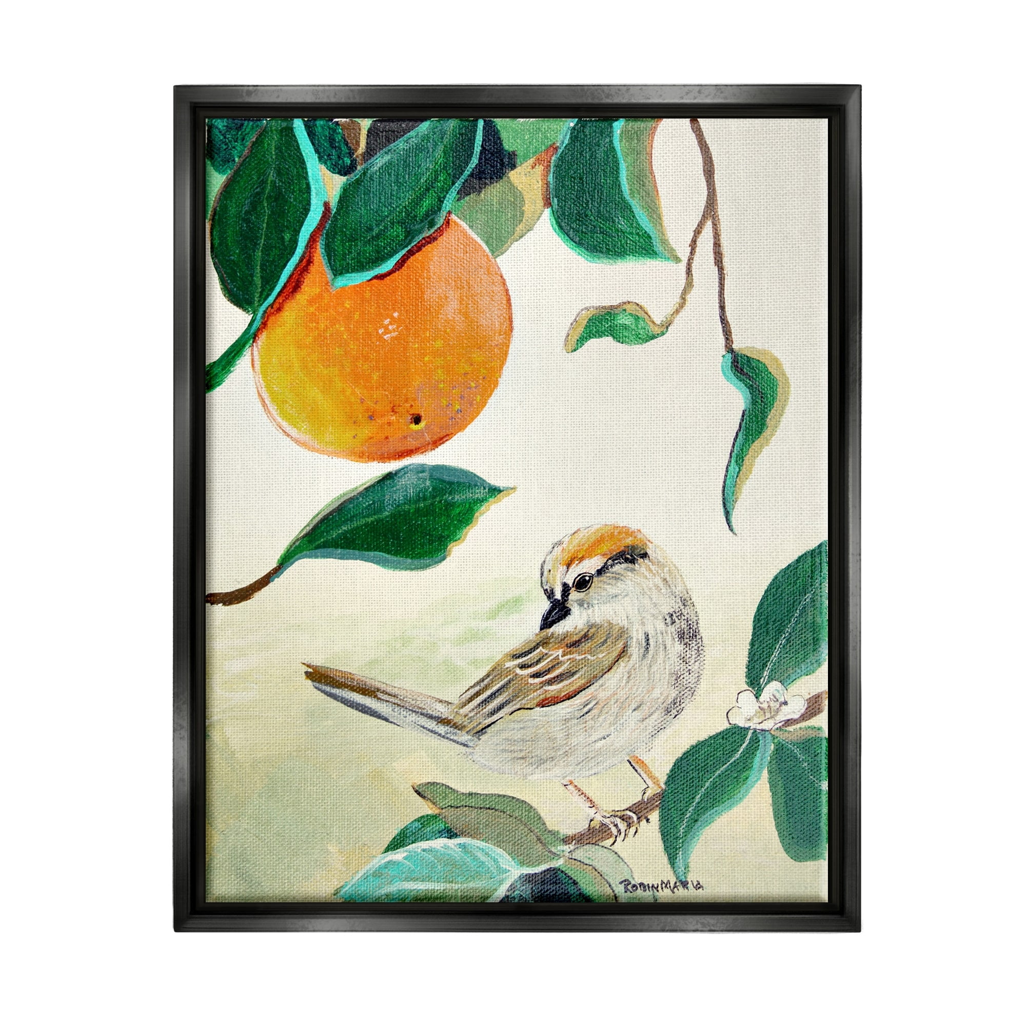 Stupell Industries Bird Perched Orange Fruit Tree Branch Leaves Painting Jet Black Floating Framed Canvas Print Wall Art, Design by Robin Maria
