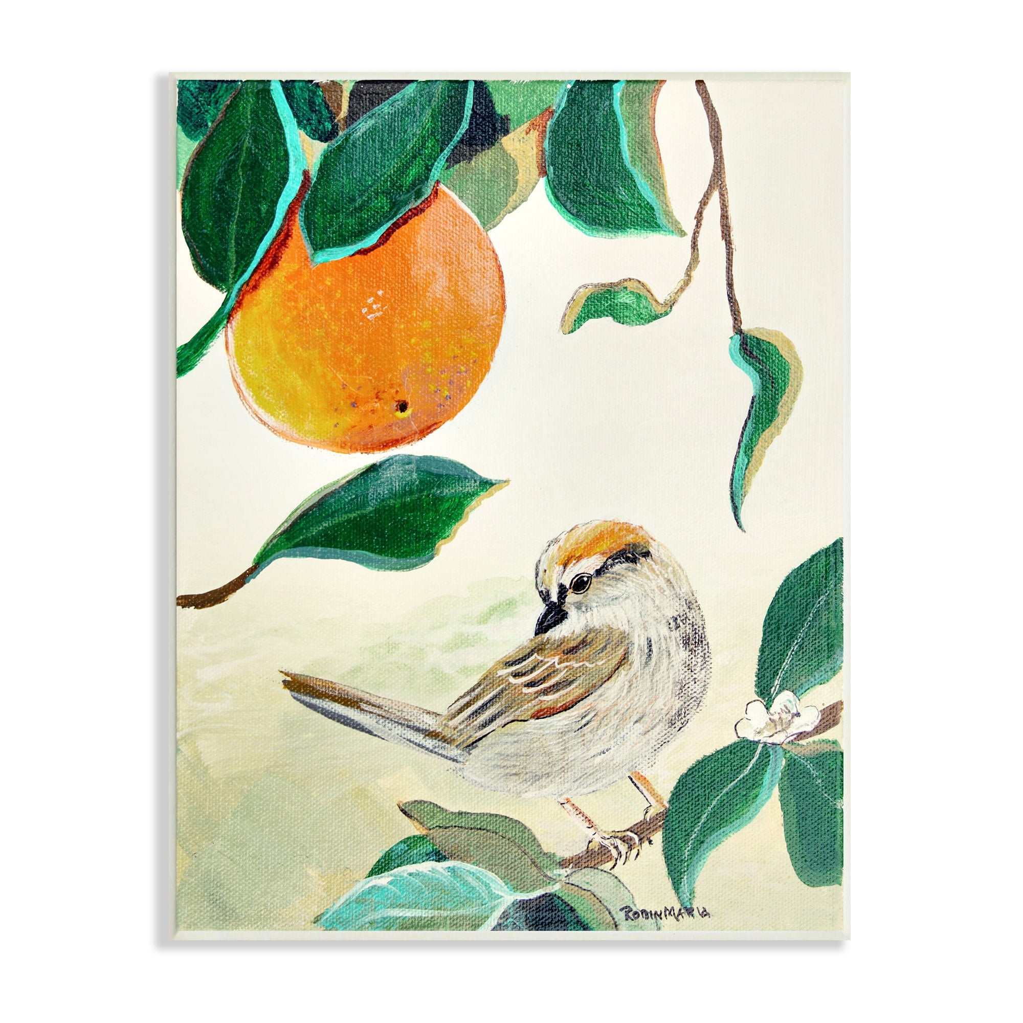Stupell Industries Bird Perched Orange Fruit Tree Branch Leaves Painting Unframed Art Print Wall Art, Design by Robin Maria