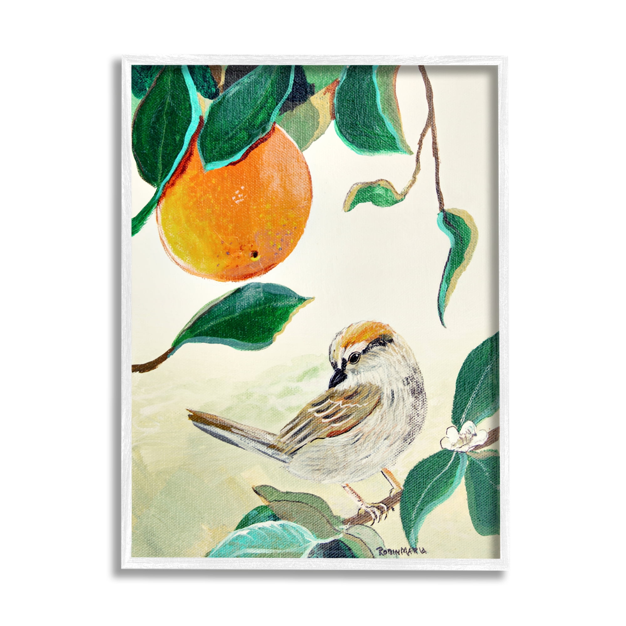 Stupell Industries Bird Perched Orange Fruit Tree Branch Leaves Painting White Framed Art Print Wall Art, Design by Robin Maria