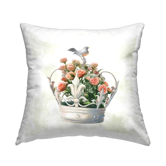 Stupell Industries Bird Perched Regal Crown Pink Rose Bouquet Design by Ziwei Li Throw Pillow