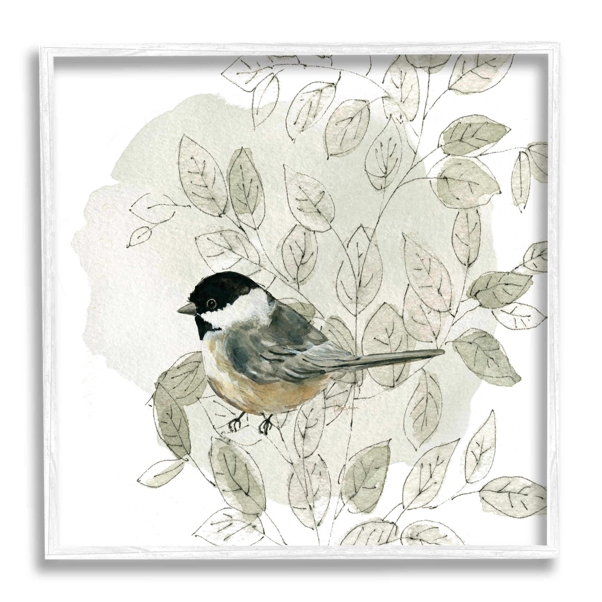 Stupell Industries Bird Perched Soft Cottage Plant Animals & Insects Painting White Framed Art Print Wall Art