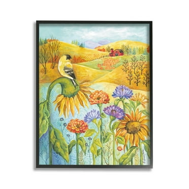 Stupell Industries Bird Perched at Farm Botanical & Floral Painting Black Framed Art Print Wall Art, 11 x 14