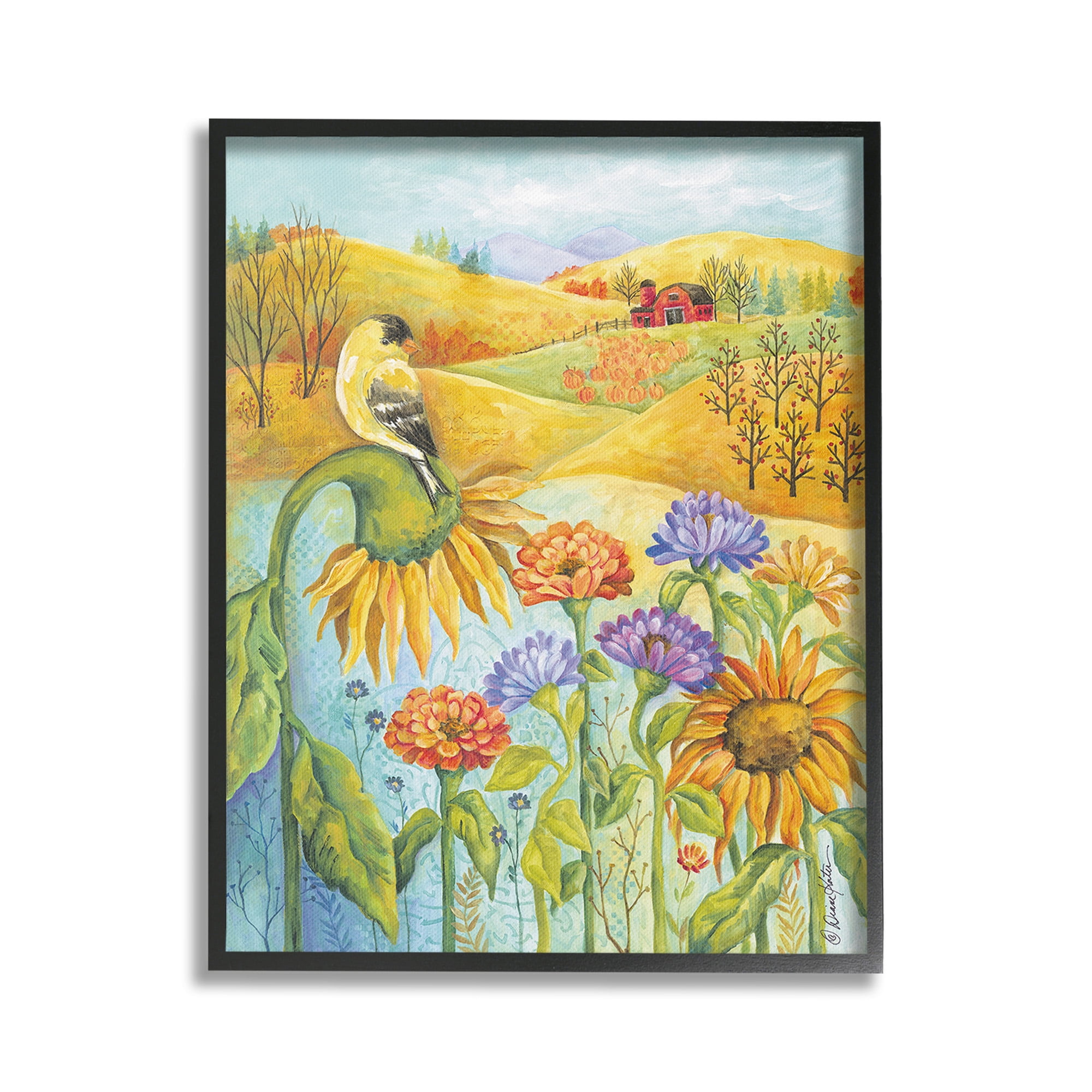 Stupell Industries Bird Perched at Farm Botanical & Floral Painting Black Framed Art Print Wall Art, 16 x 20
