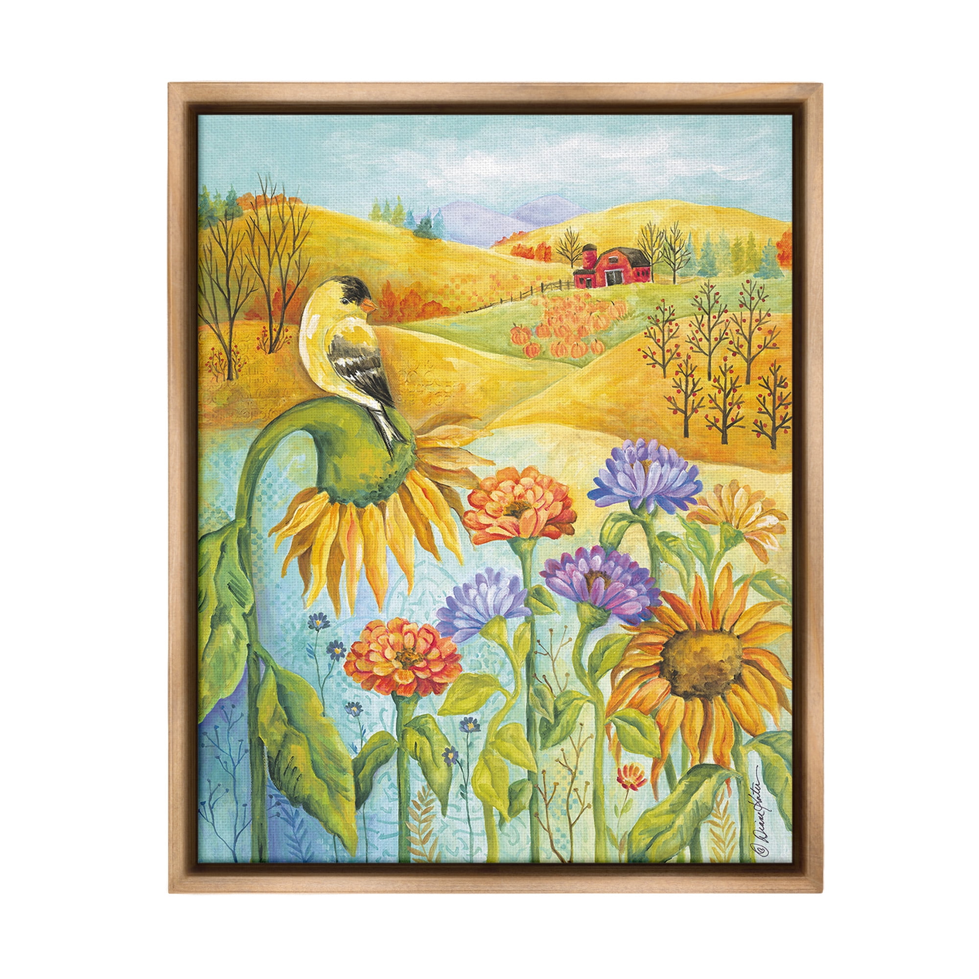 Stupell Industries Bird Perched at Farm Botanical & Floral Painting Brown Floater Framed Canvas Art Print Wall Art, 17 x 21