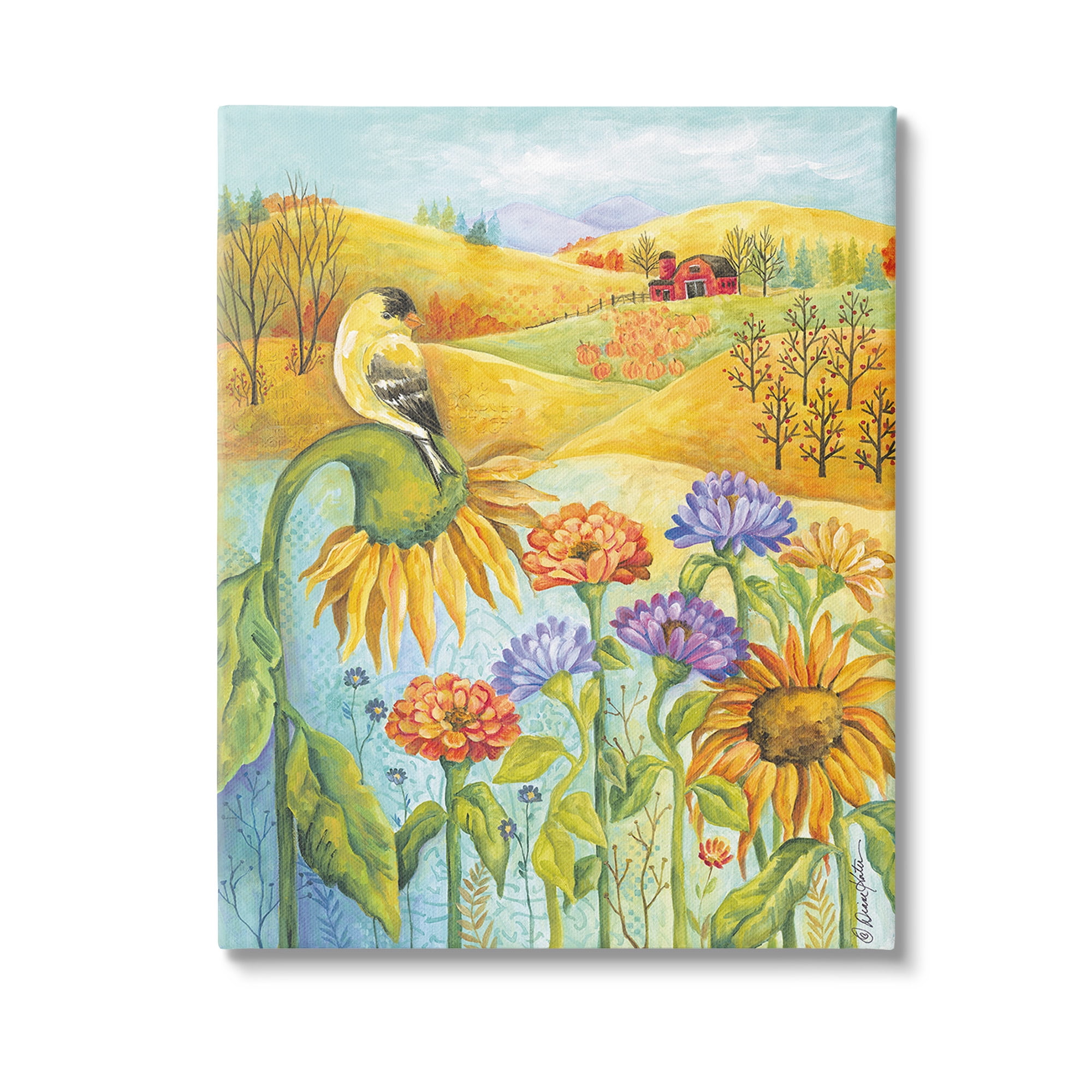 Stupell Industries Bird Perched at Farm Botanical & Floral Painting Gallery Wrapped Canvas Art Print Wall Art, 24 x 30