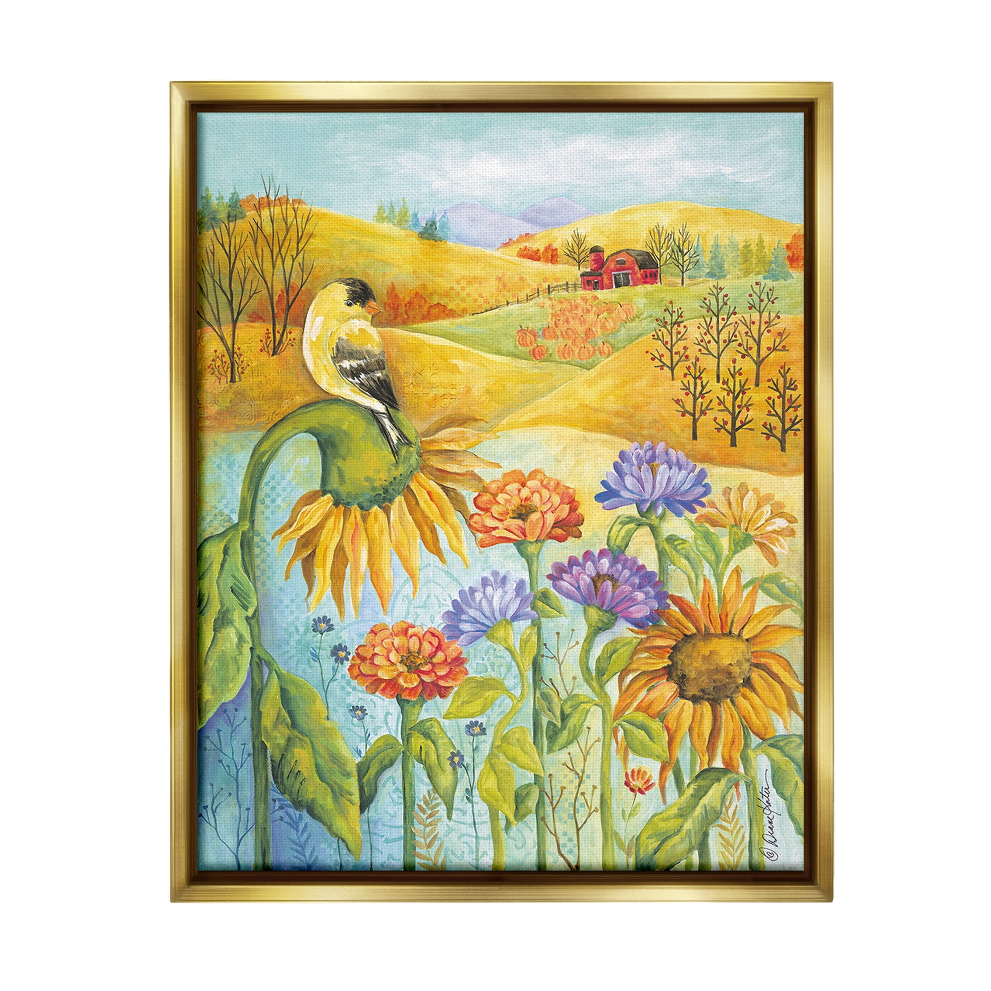 Stupell Industries Bird Perched at Farm Botanical & Floral Painting Gold Floater Framed Canvas Art Print Wall Art, 25 x 31
