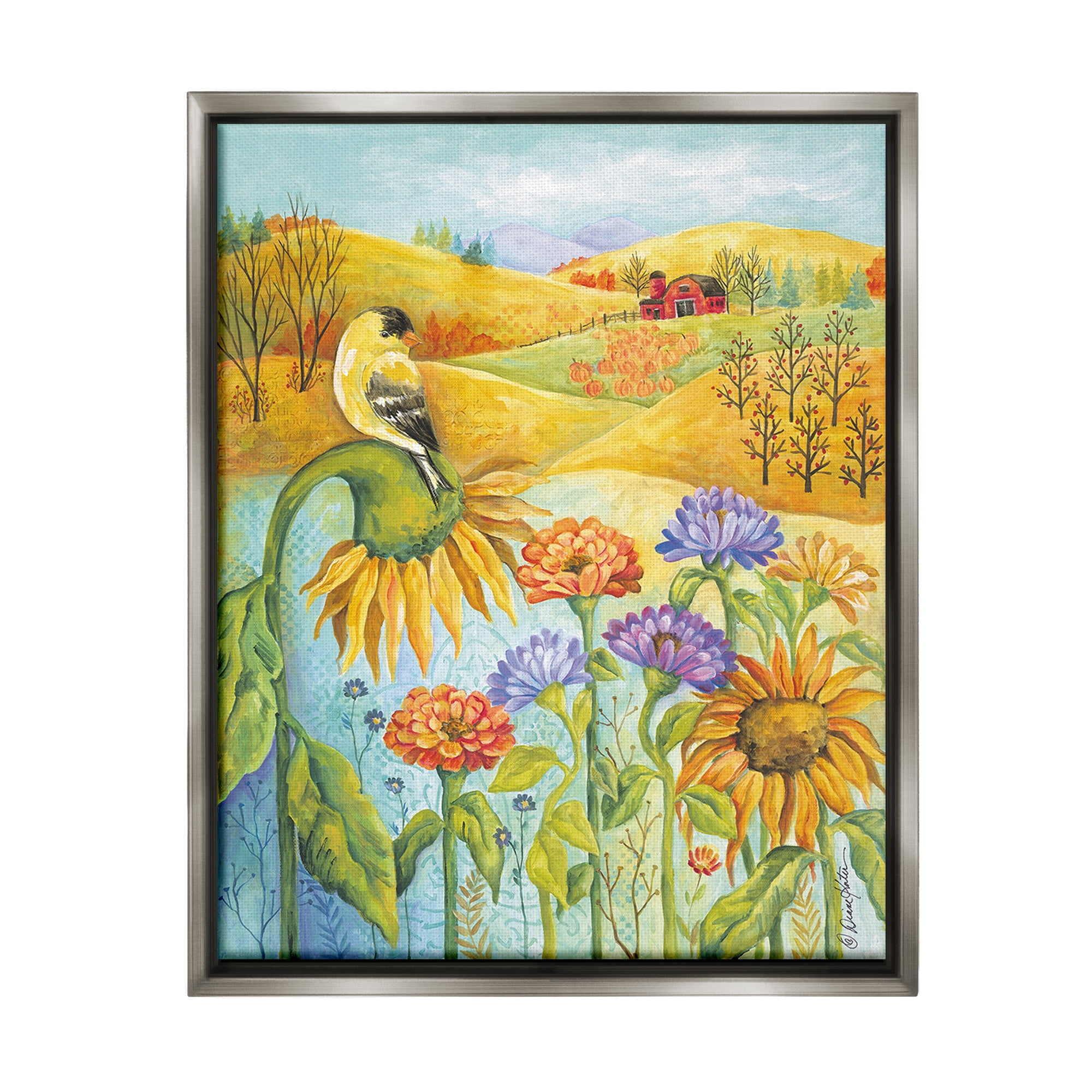 Stupell Industries Bird Perched at Farm Botanical & Floral Painting Gray Floater Framed Canvas Art Print Wall Art, 25 x 31