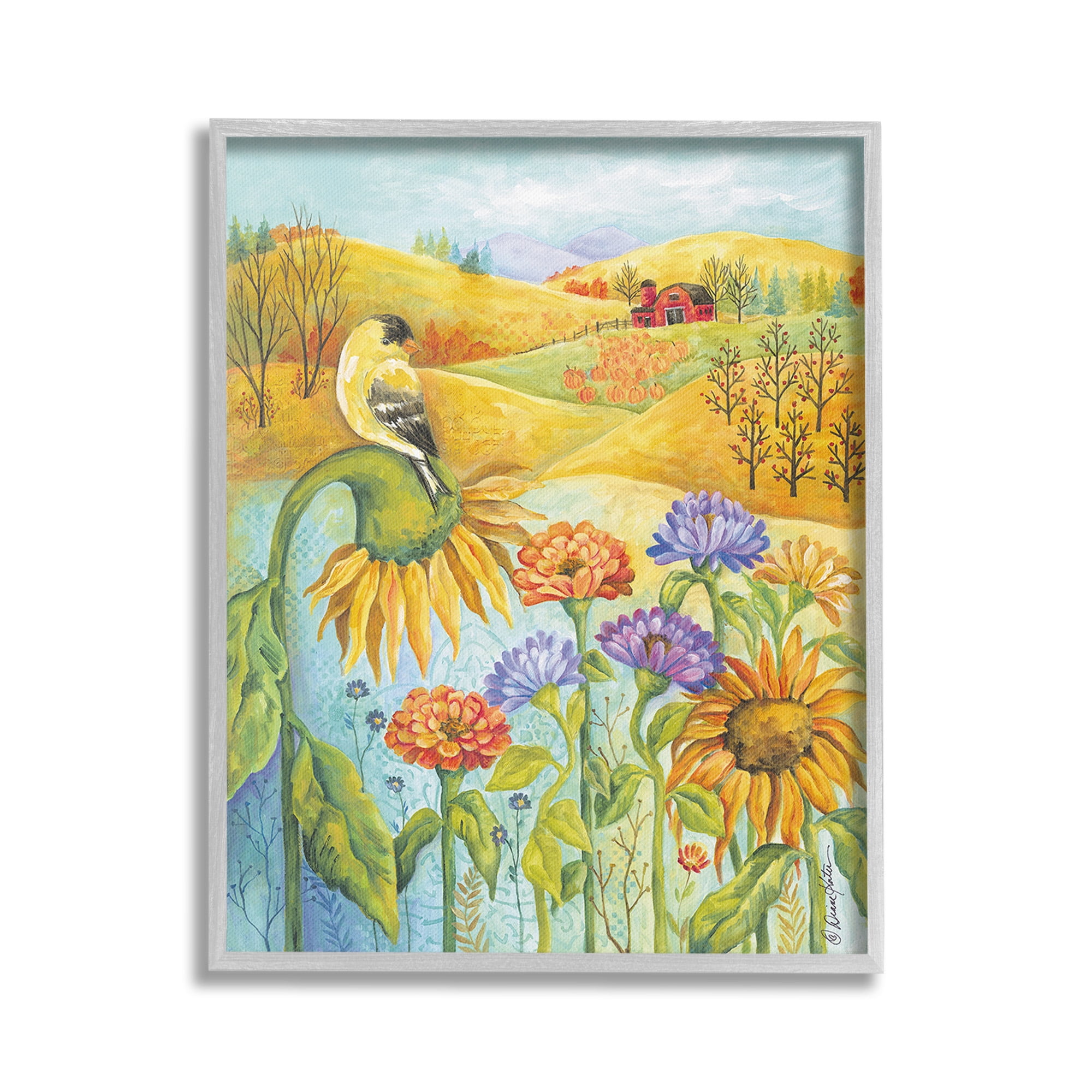 Stupell Industries Bird Perched at Farm Botanical & Floral Painting Gray Framed Art Print Wall Art, 16 x 20