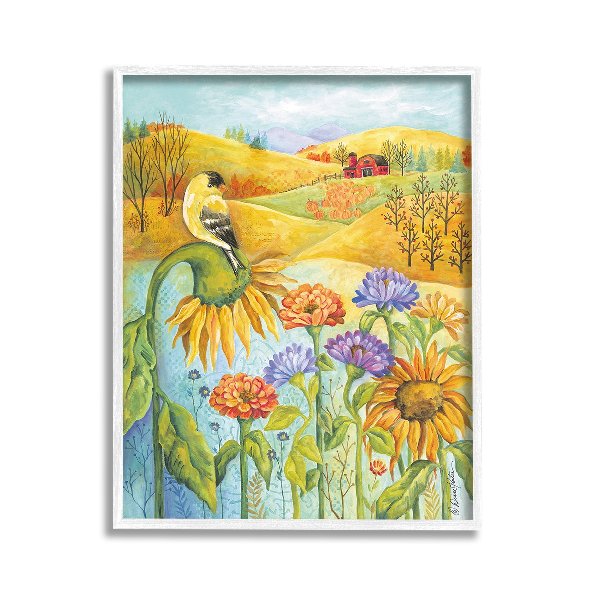 Stupell Industries Bird Perched at Farm Botanical & Floral Painting White Framed Art Print Wall Art, 11 x 14