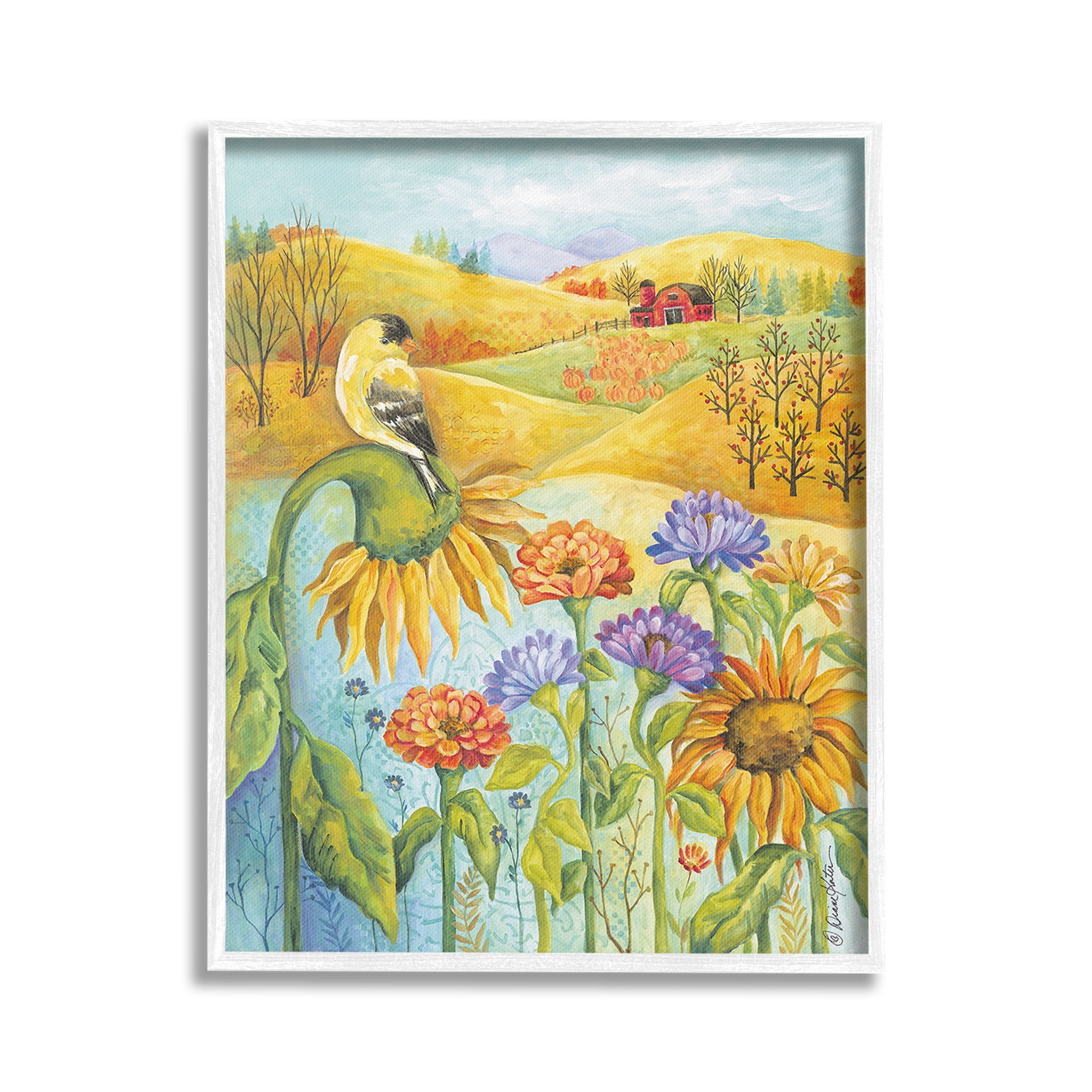 Stupell Industries Bird Perched at Farm Botanical & Floral Painting White Framed Art Print Wall Art, 24 x 30