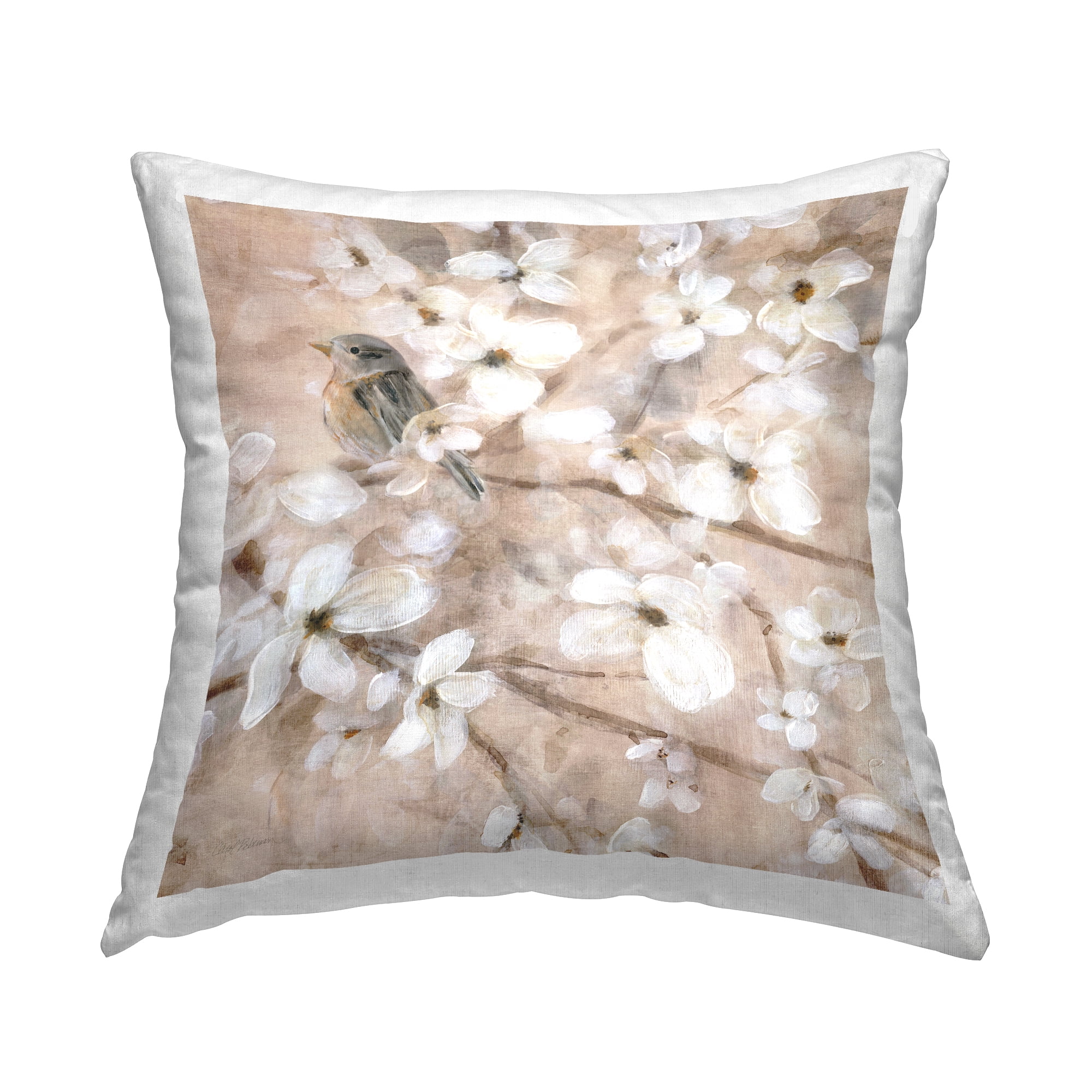 Stupell Industries Bird Perched in Flowers Square Decorative Printed Throw Pillow, 18 x 18