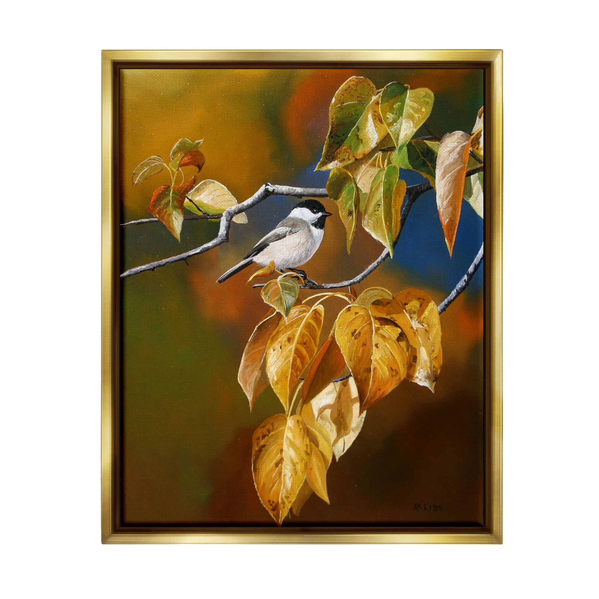 Stupell Industries Bird Perched in Nature Animals & Insects Painting Gold Floater Framed Art Print Wall Art, 17 x 21
